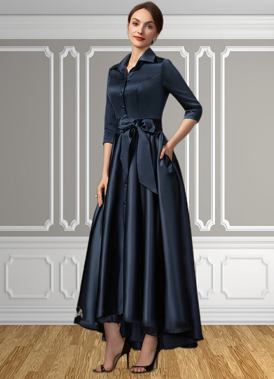 Samara A-Line V-neck Asymmetrical Satin Mother of the Bride Dress With Bow(s) Pockets PP6126P0014879