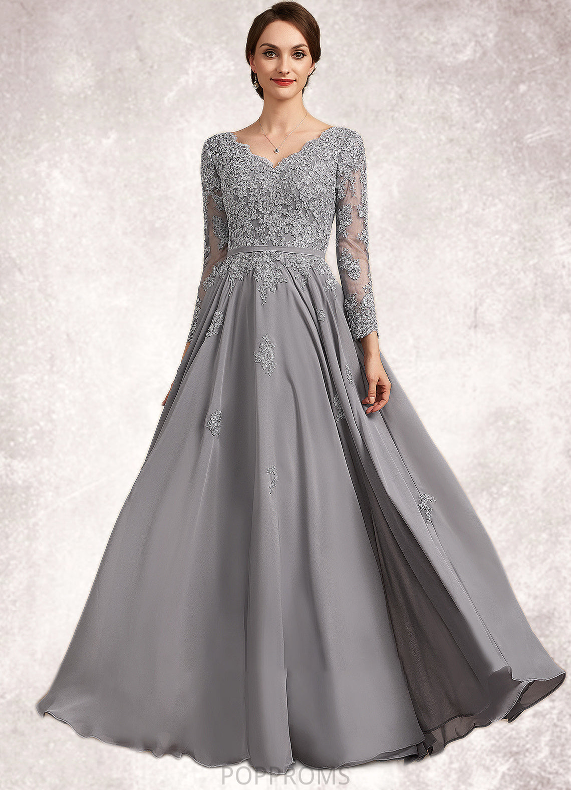 Lindsay A-Line V-neck Floor-Length Chiffon Lace Mother of the Bride Dress PP6126P0014881