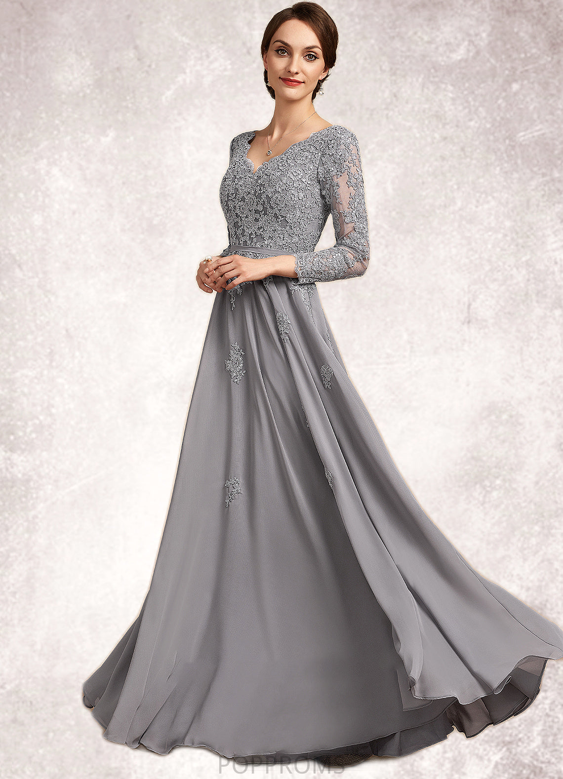 Lindsay A-Line V-neck Floor-Length Chiffon Lace Mother of the Bride Dress PP6126P0014881