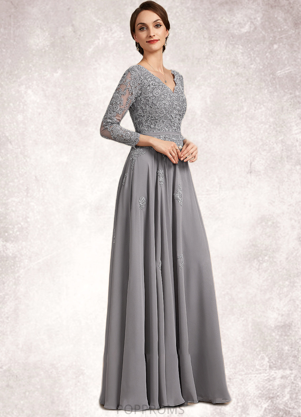 Lindsay A-Line V-neck Floor-Length Chiffon Lace Mother of the Bride Dress PP6126P0014881