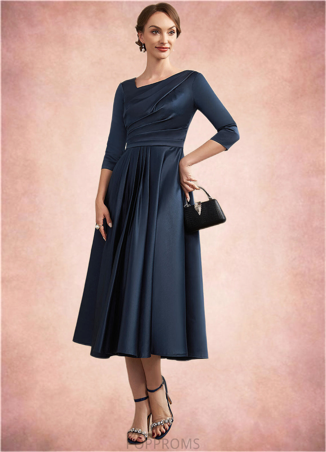 Lesly A-Line V-neck Tea-Length Satin Mother of the Bride Dress With Ruffle PP6126P0014883