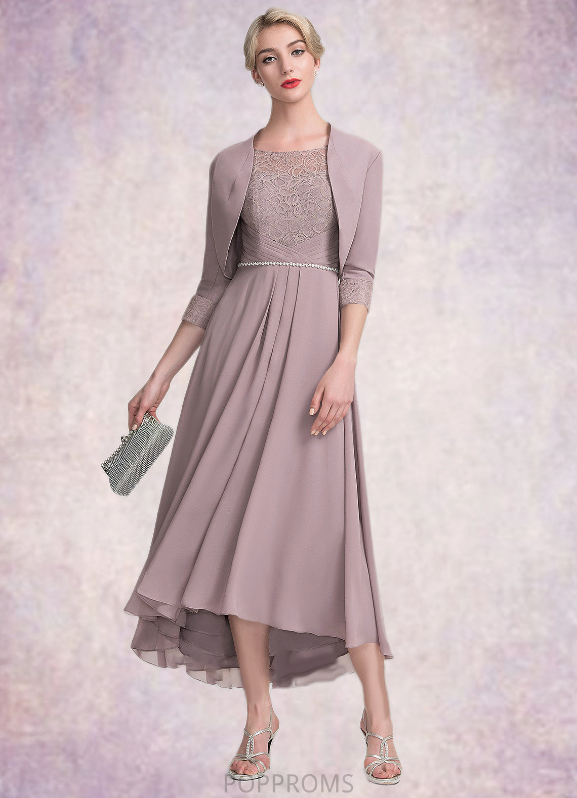 Ayla A-Line Scoop Neck Asymmetrical Chiffon Lace Mother of the Bride Dress With Beading PP6126P0014885