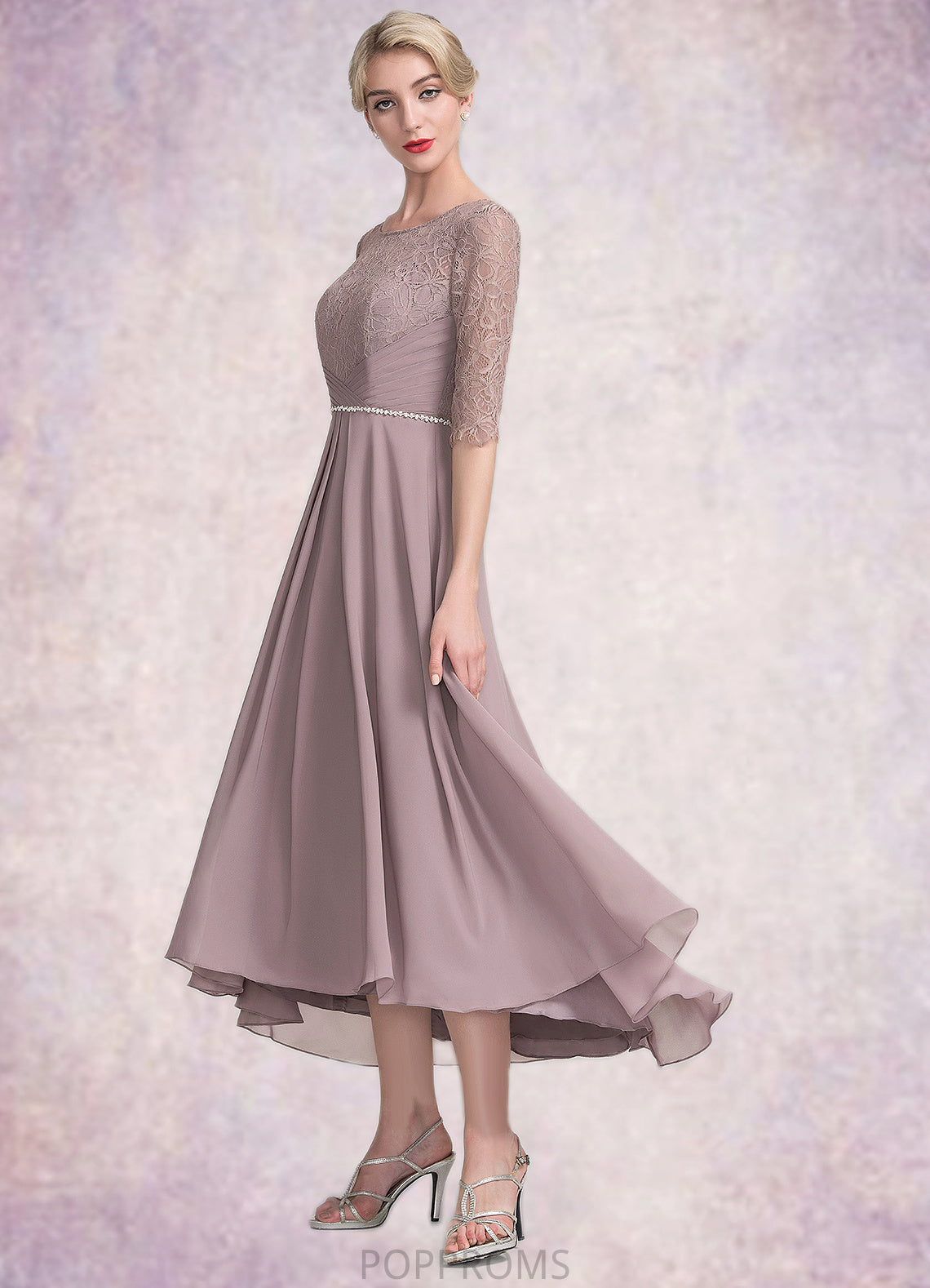 Ayla A-Line Scoop Neck Asymmetrical Chiffon Lace Mother of the Bride Dress With Beading PP6126P0014885