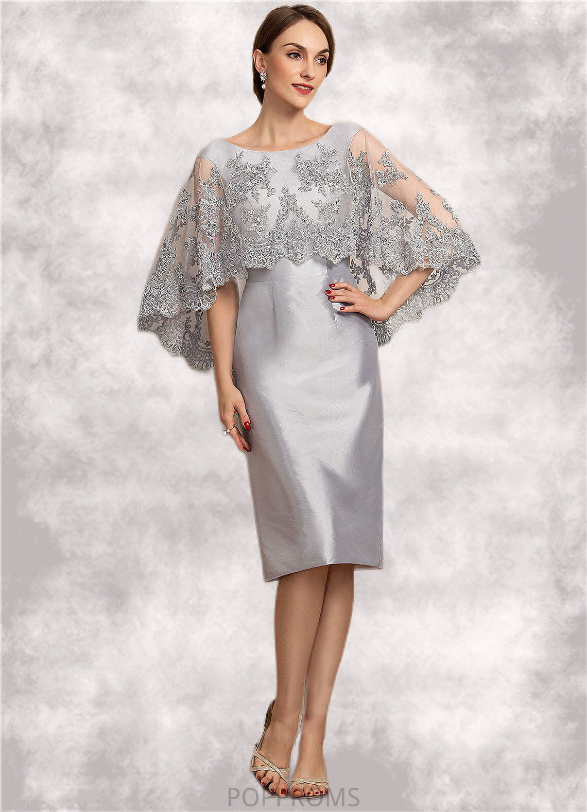 Skyla Sheath/Column Scoop Neck Knee-Length Taffeta Lace Mother of the Bride Dress With Beading Sequins PP6126P0014886