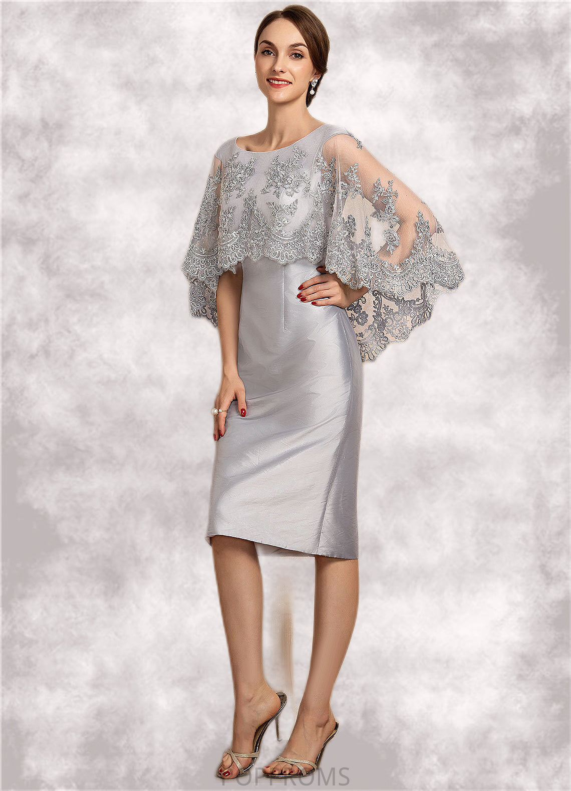 Skyla Sheath/Column Scoop Neck Knee-Length Taffeta Lace Mother of the Bride Dress With Beading Sequins PP6126P0014886