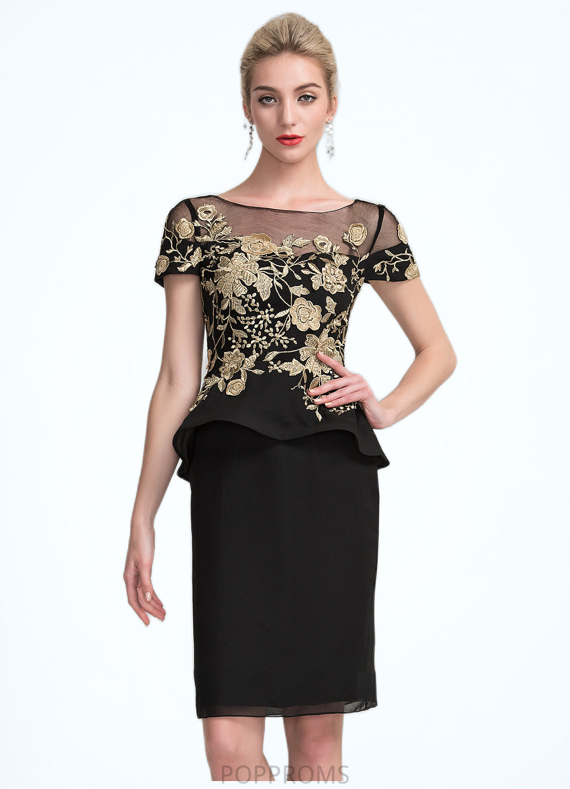 Maren Sheath/Column Scoop Neck Knee-Length Chiffon Mother of the Bride Dress With Lace Cascading Ruffles PP6126P0014887