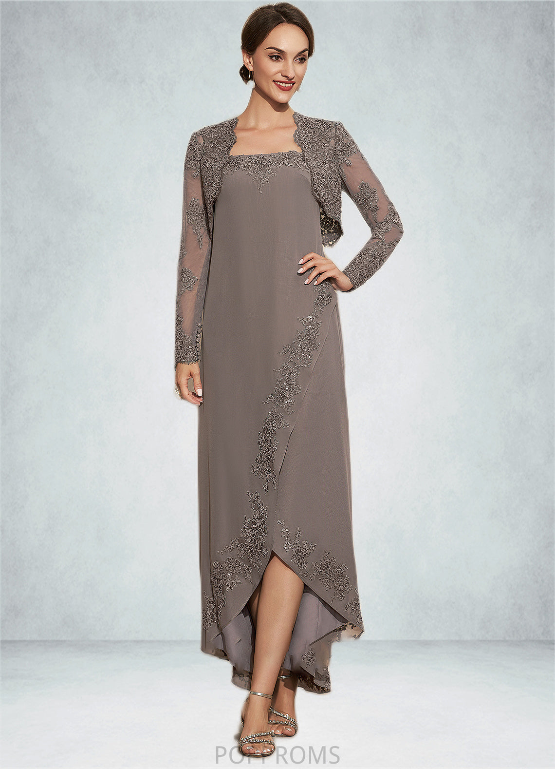 Pamela A-Line Square Neckline Asymmetrical Chiffon Mother of the Bride Dress With Appliques Lace Sequins PP6126P0014888