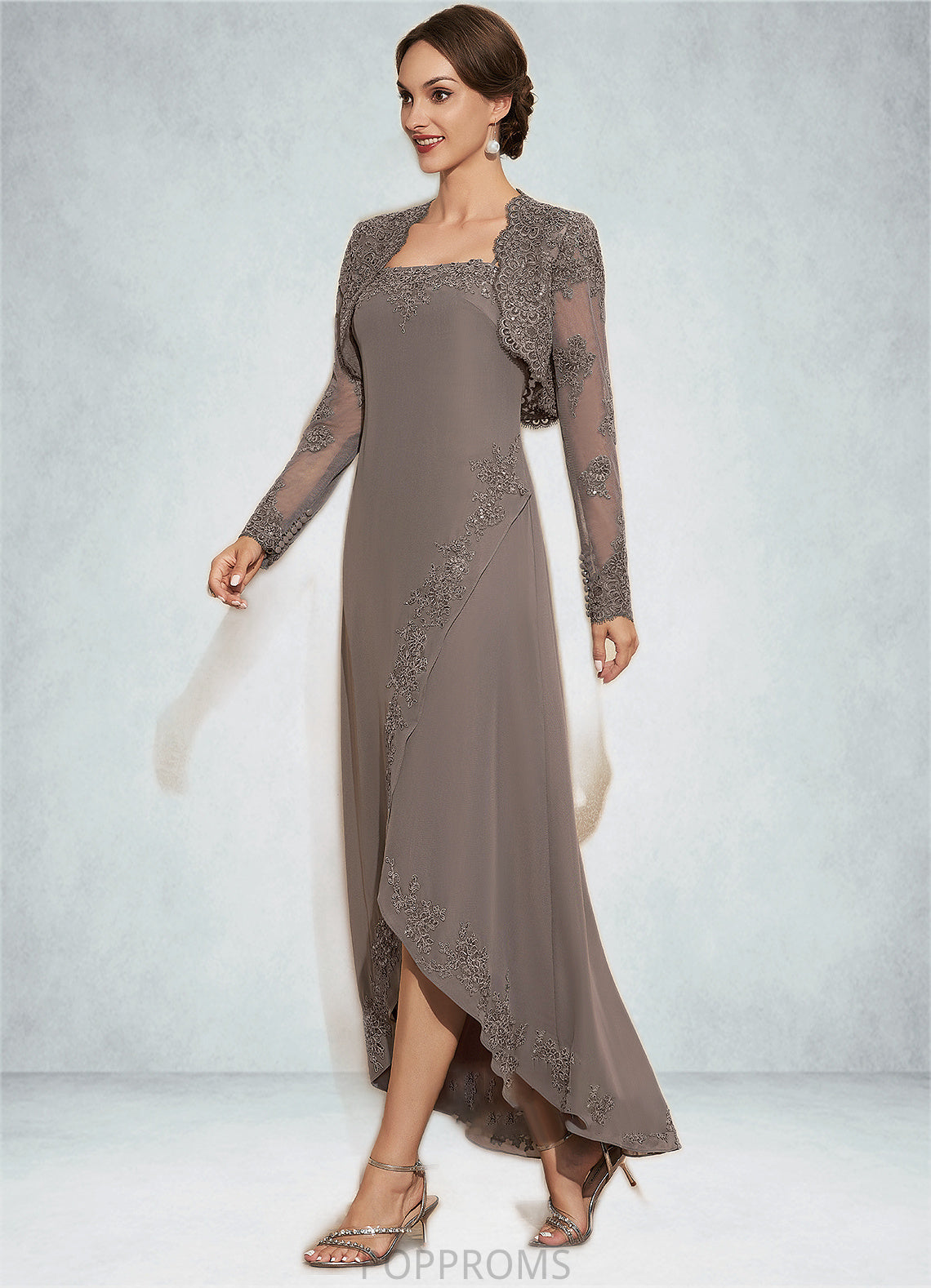 Pamela A-Line Square Neckline Asymmetrical Chiffon Mother of the Bride Dress With Appliques Lace Sequins PP6126P0014888