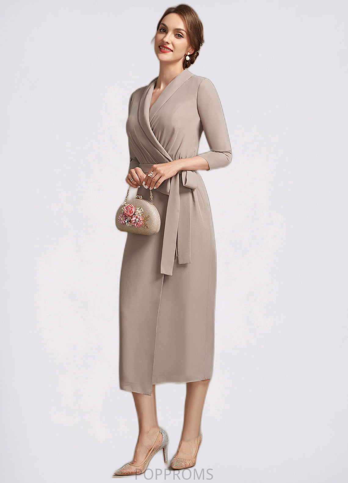 Paisley Sheath/Column V-neck Tea-Length Chiffon Mother of the Bride Dress With Bow(s) PP6126P0014891