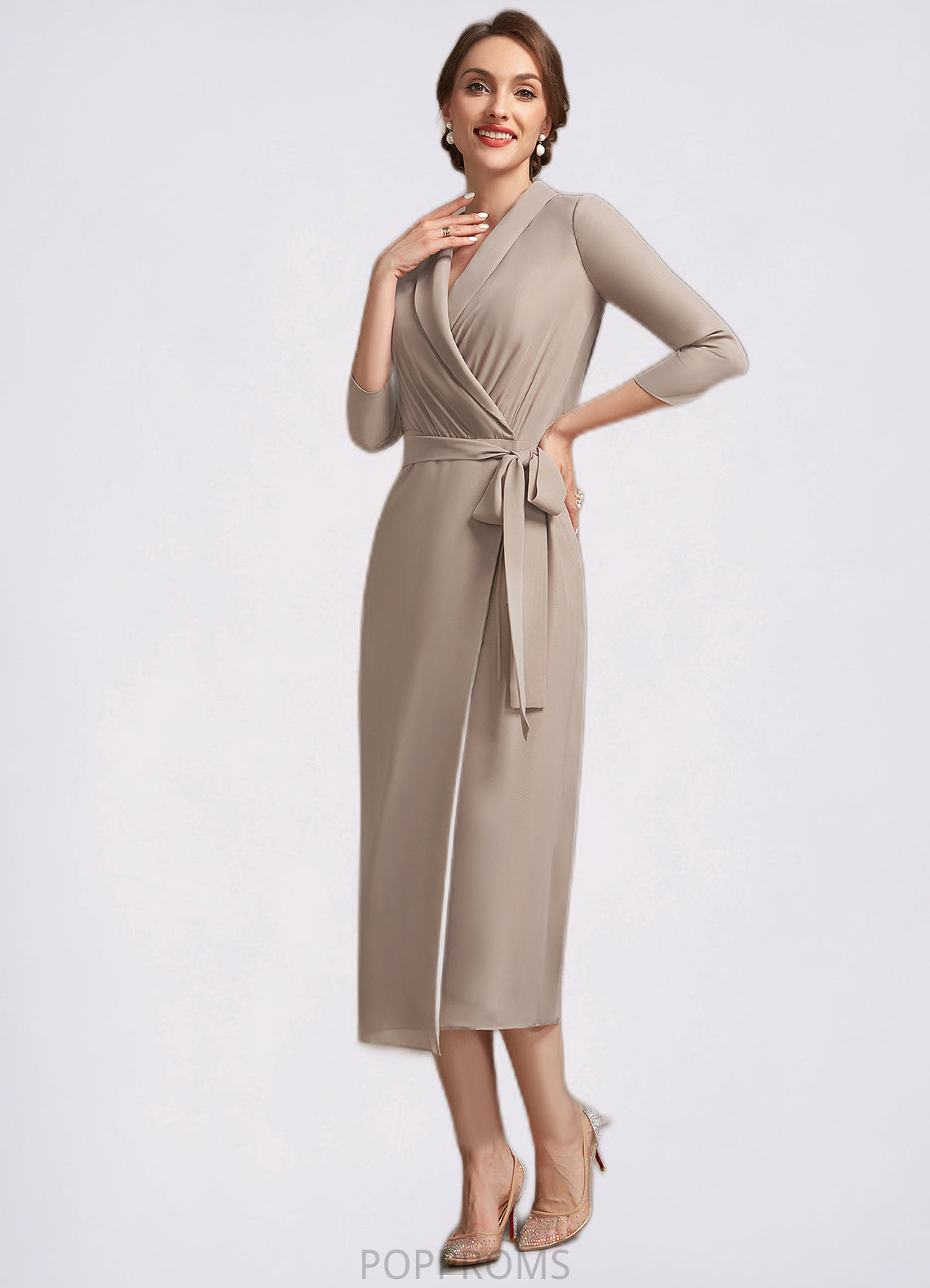 Paisley Sheath/Column V-neck Tea-Length Chiffon Mother of the Bride Dress With Bow(s) PP6126P0014891