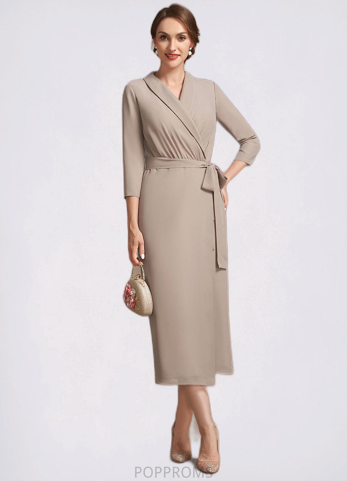 Paisley Sheath/Column V-neck Tea-Length Chiffon Mother of the Bride Dress With Bow(s) PP6126P0014891