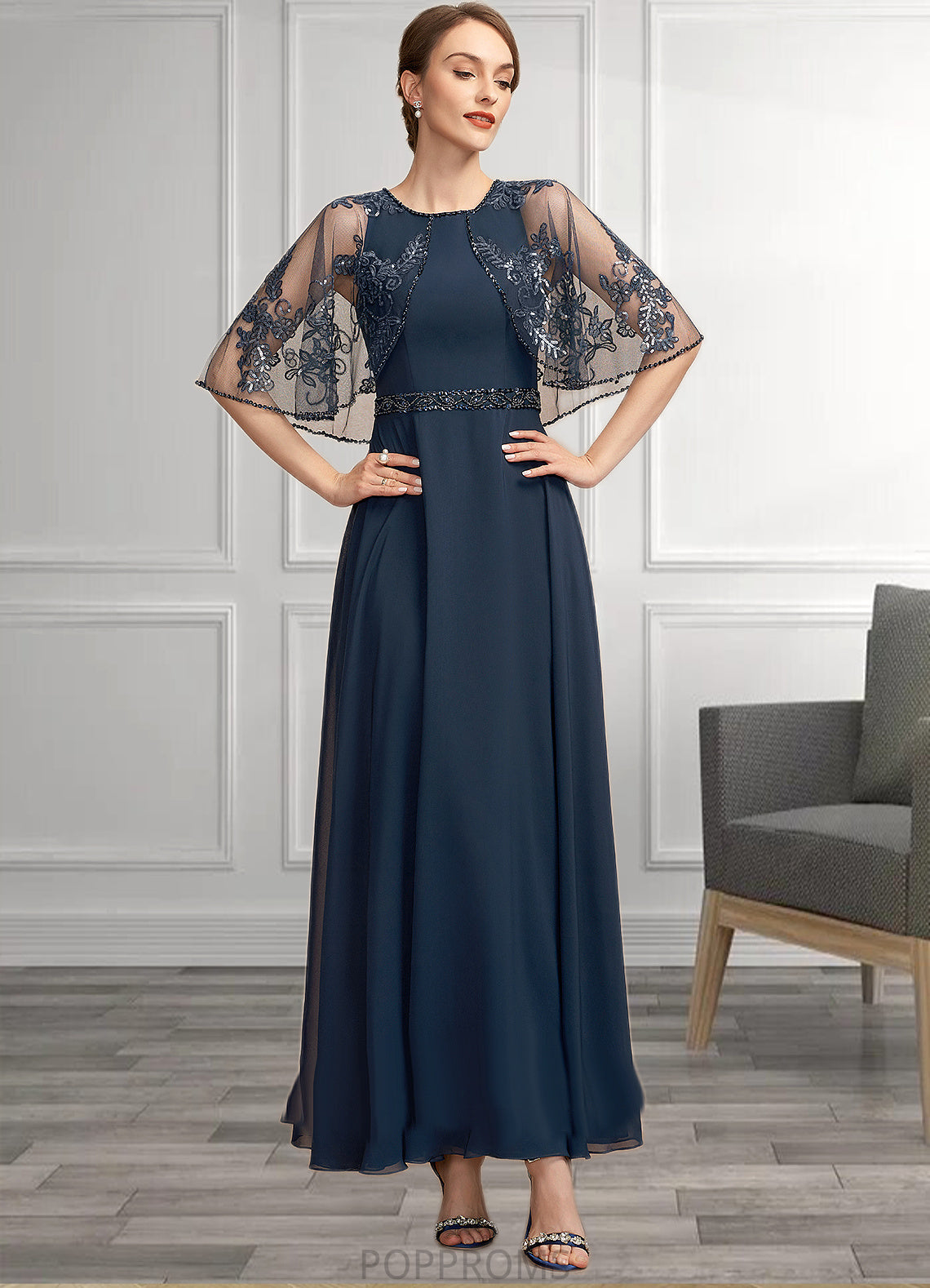 Autumn A-Line Scoop Neck Ankle-Length Chiffon Lace Mother of the Bride Dress With Beading Sequins PP6126P0014892