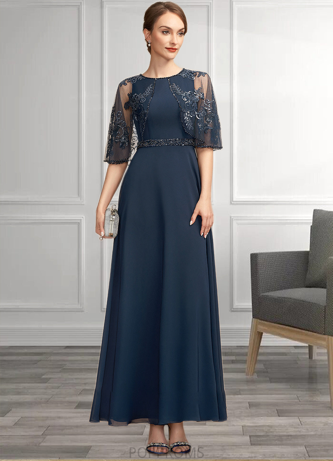 Autumn A-Line Scoop Neck Ankle-Length Chiffon Lace Mother of the Bride Dress With Beading Sequins PP6126P0014892