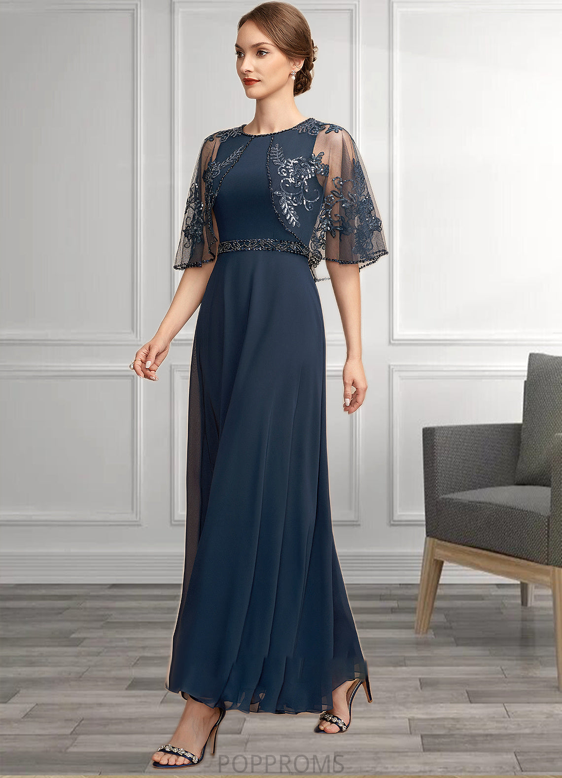 Autumn A-Line Scoop Neck Ankle-Length Chiffon Lace Mother of the Bride Dress With Beading Sequins PP6126P0014892