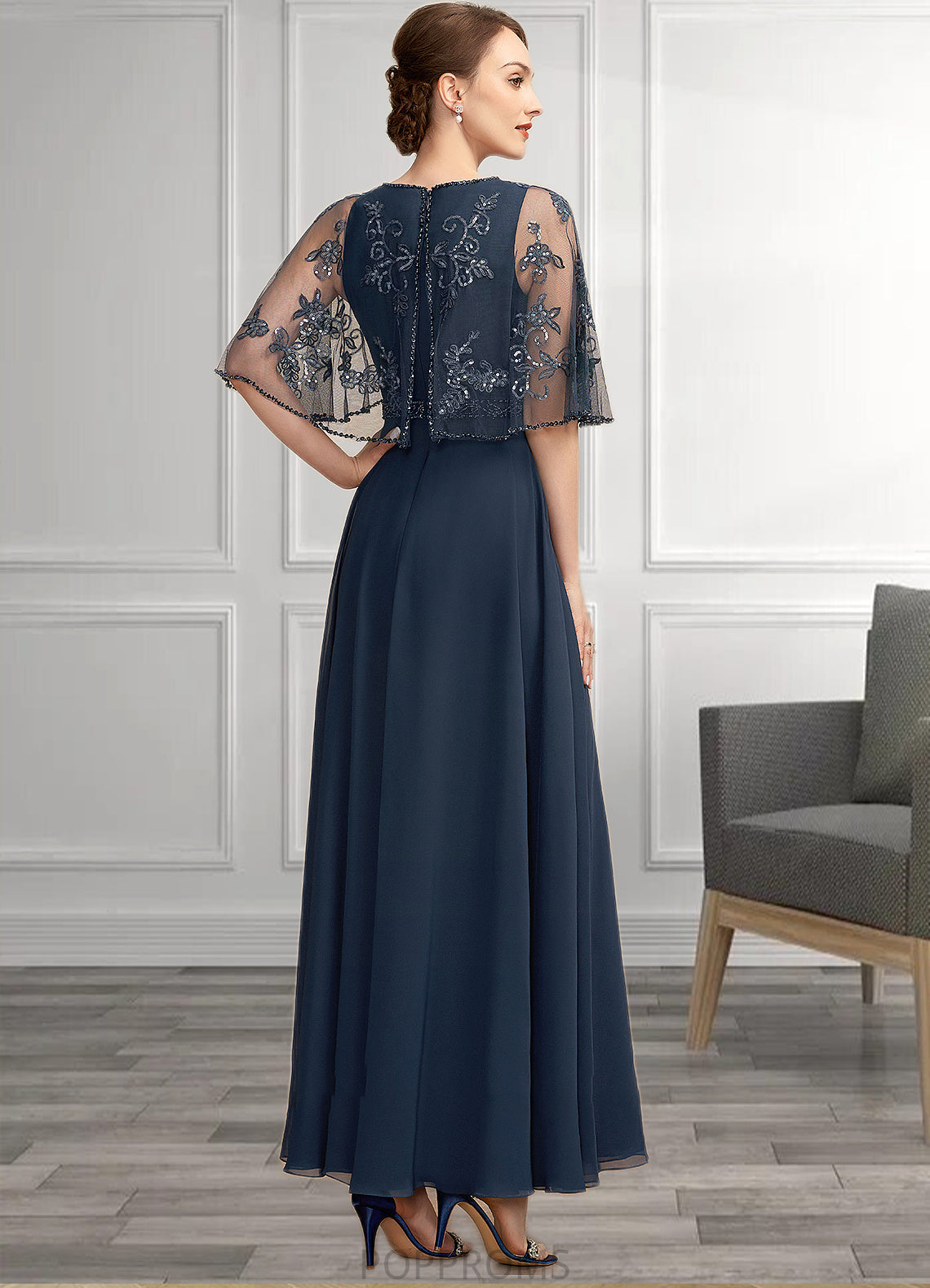 Autumn A-Line Scoop Neck Ankle-Length Chiffon Lace Mother of the Bride Dress With Beading Sequins PP6126P0014892