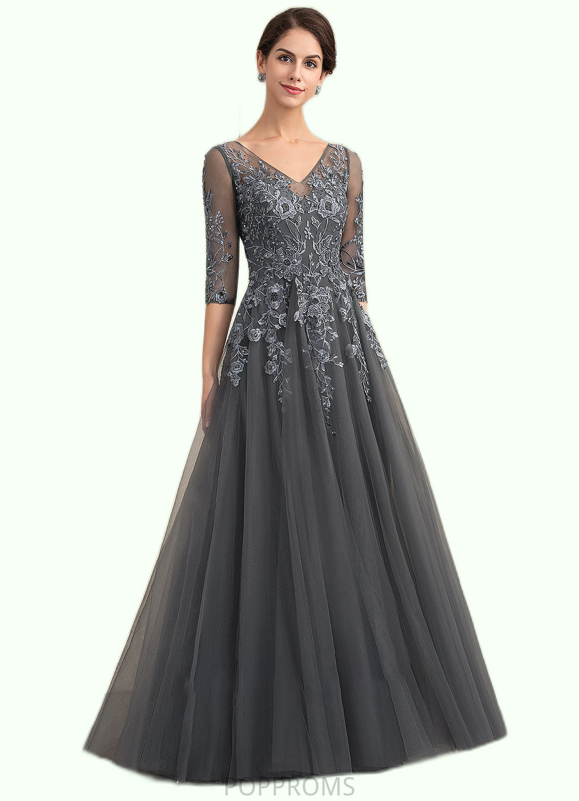 Everly A-Line V-neck Floor-Length Tulle Lace Mother of the Bride Dress With Beading Sequins PP6126P0014895