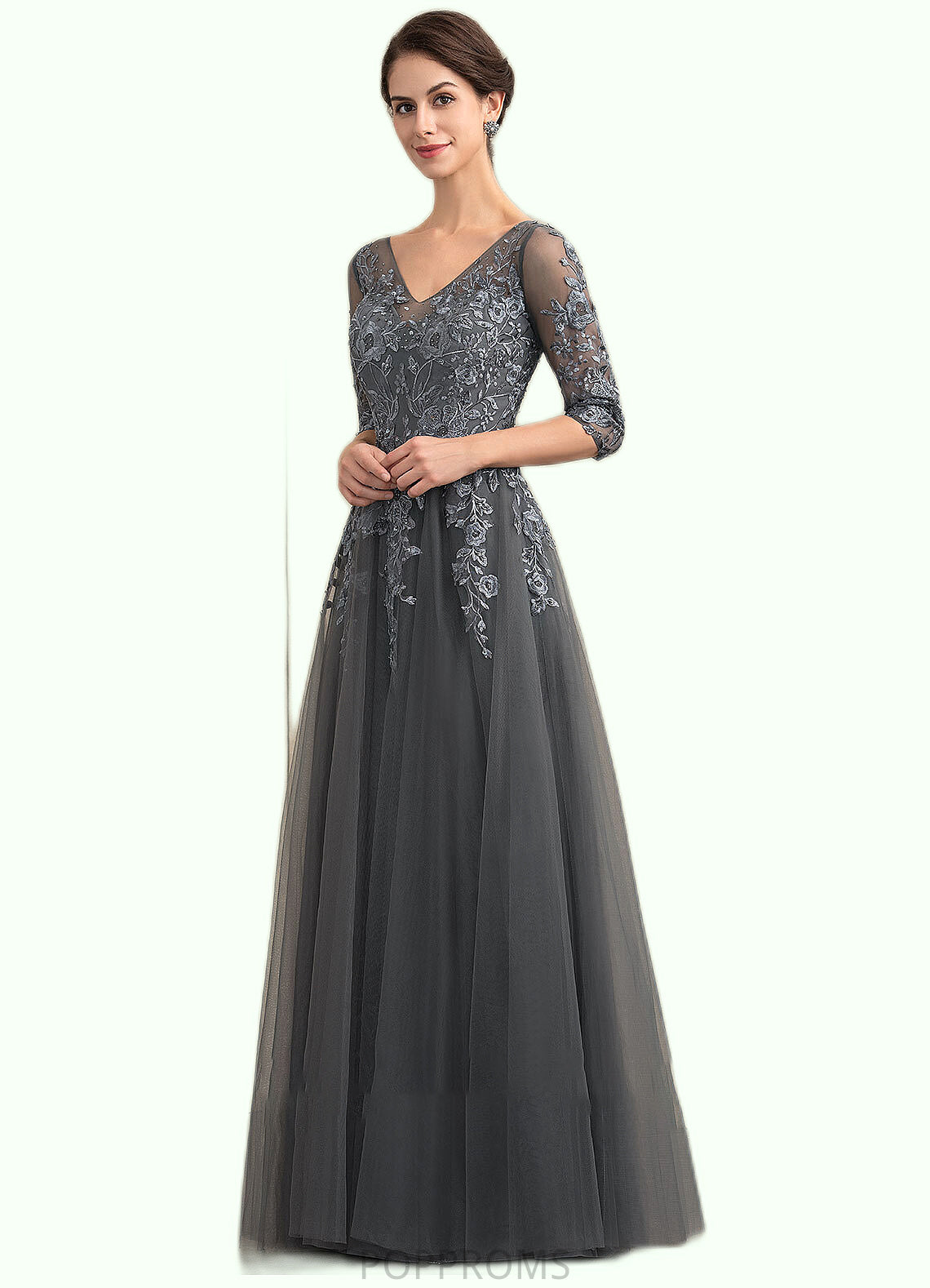 Everly A-Line V-neck Floor-Length Tulle Lace Mother of the Bride Dress With Beading Sequins PP6126P0014895