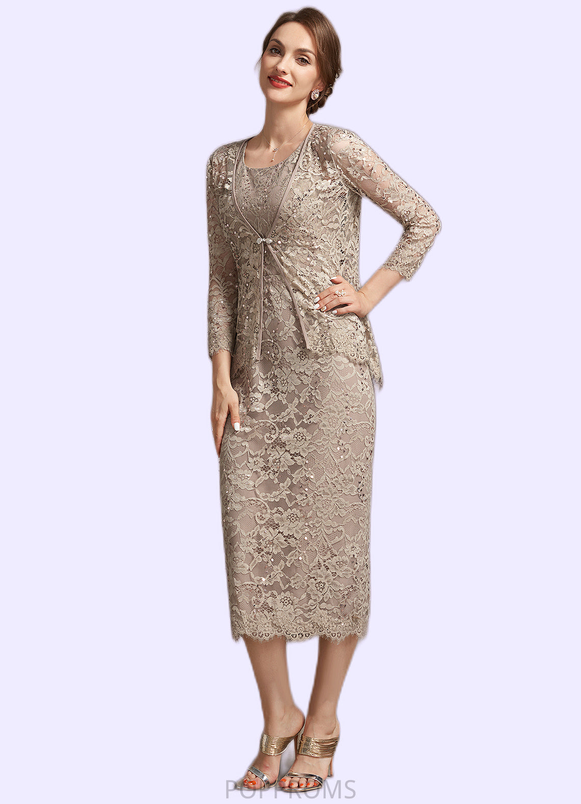 Mylee Sheath/Column Scoop Neck Tea-Length Lace Mother of the Bride Dress With Sequins PP6126P0014898