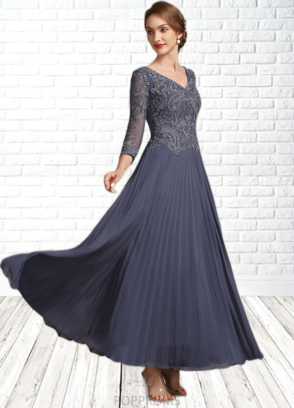 Sierra A-Line V-neck Ankle-Length Chiffon Lace Mother of the Bride Dress PP6126P0014899