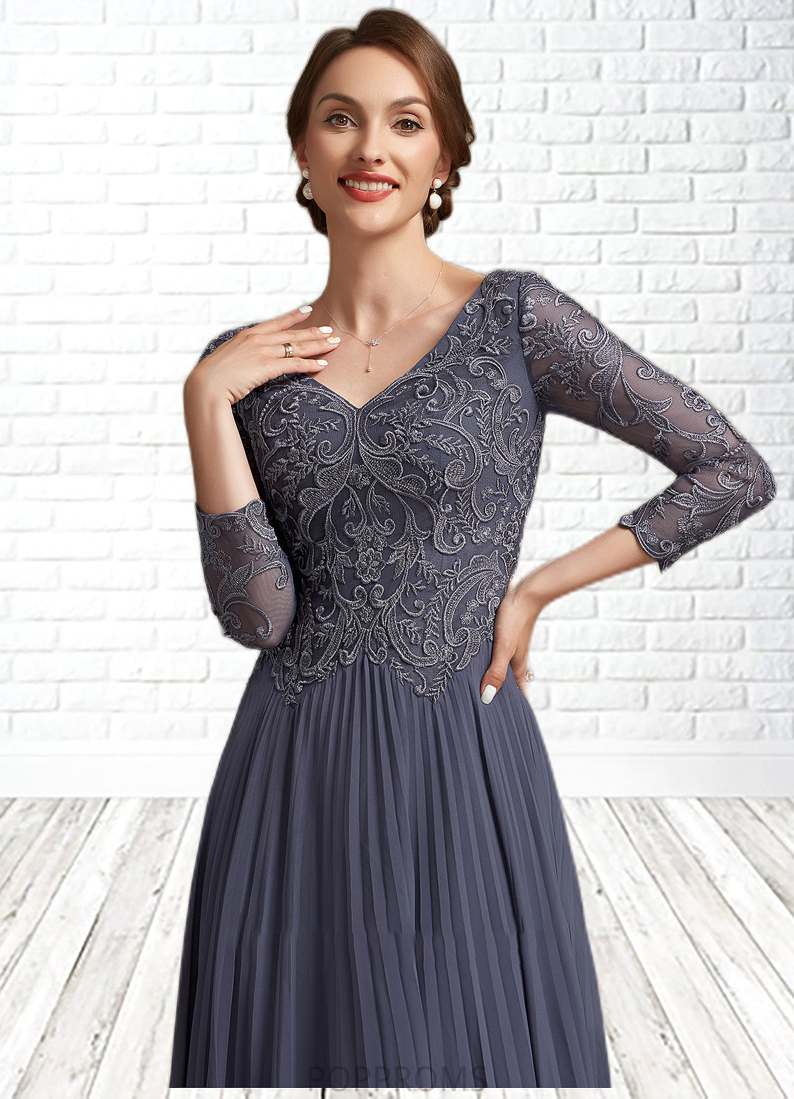 Sierra A-Line V-neck Ankle-Length Chiffon Lace Mother of the Bride Dress PP6126P0014899