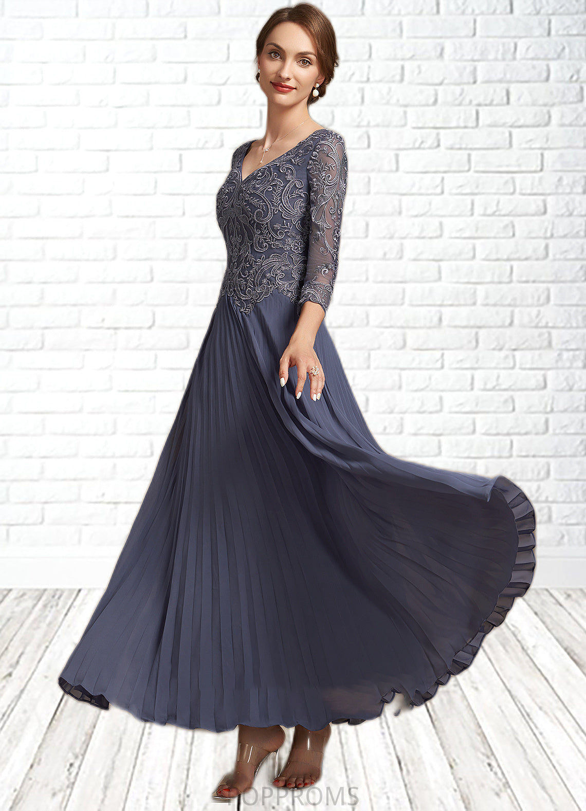 Sierra A-Line V-neck Ankle-Length Chiffon Lace Mother of the Bride Dress PP6126P0014899