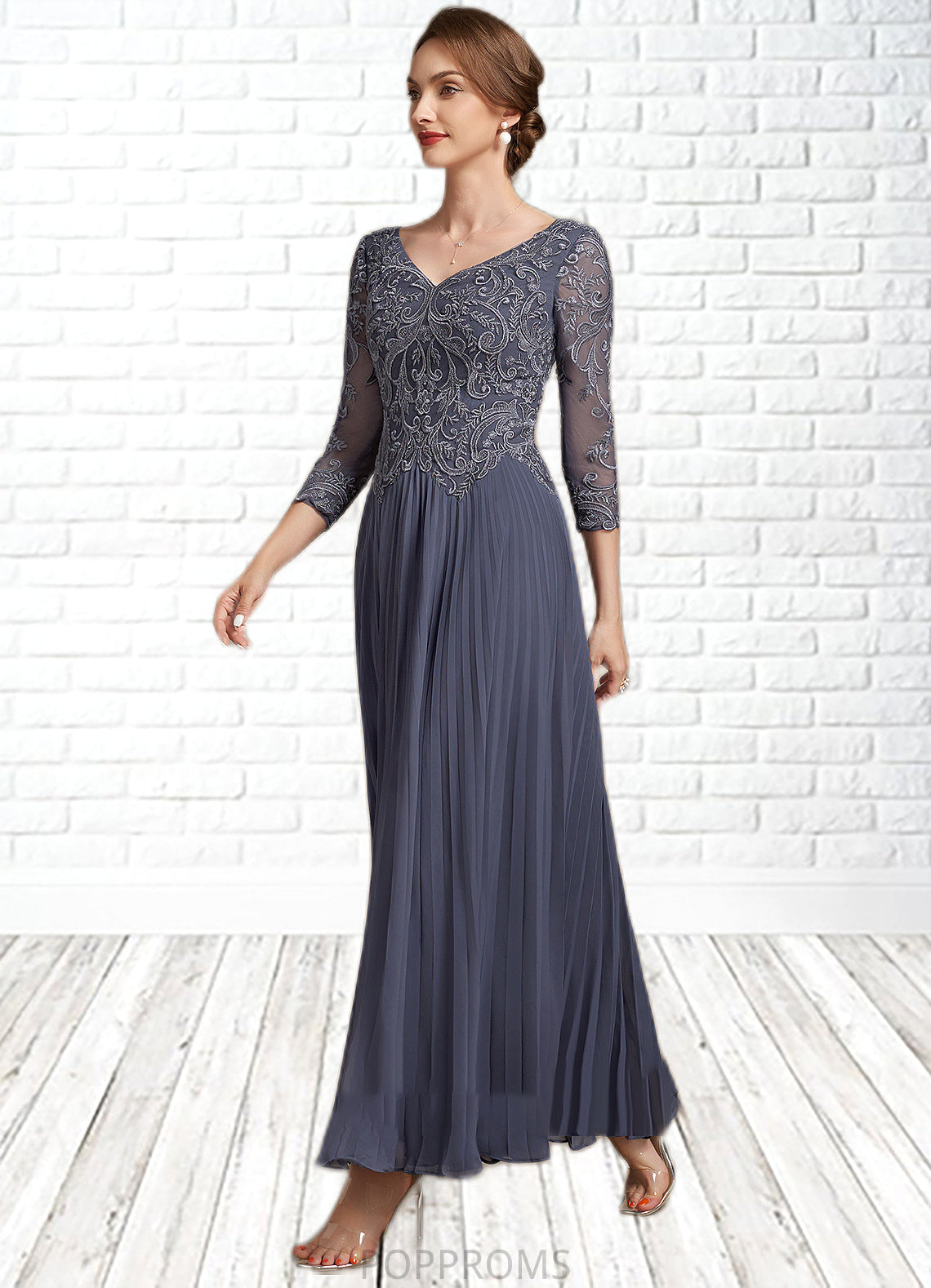 Sierra A-Line V-neck Ankle-Length Chiffon Lace Mother of the Bride Dress PP6126P0014899