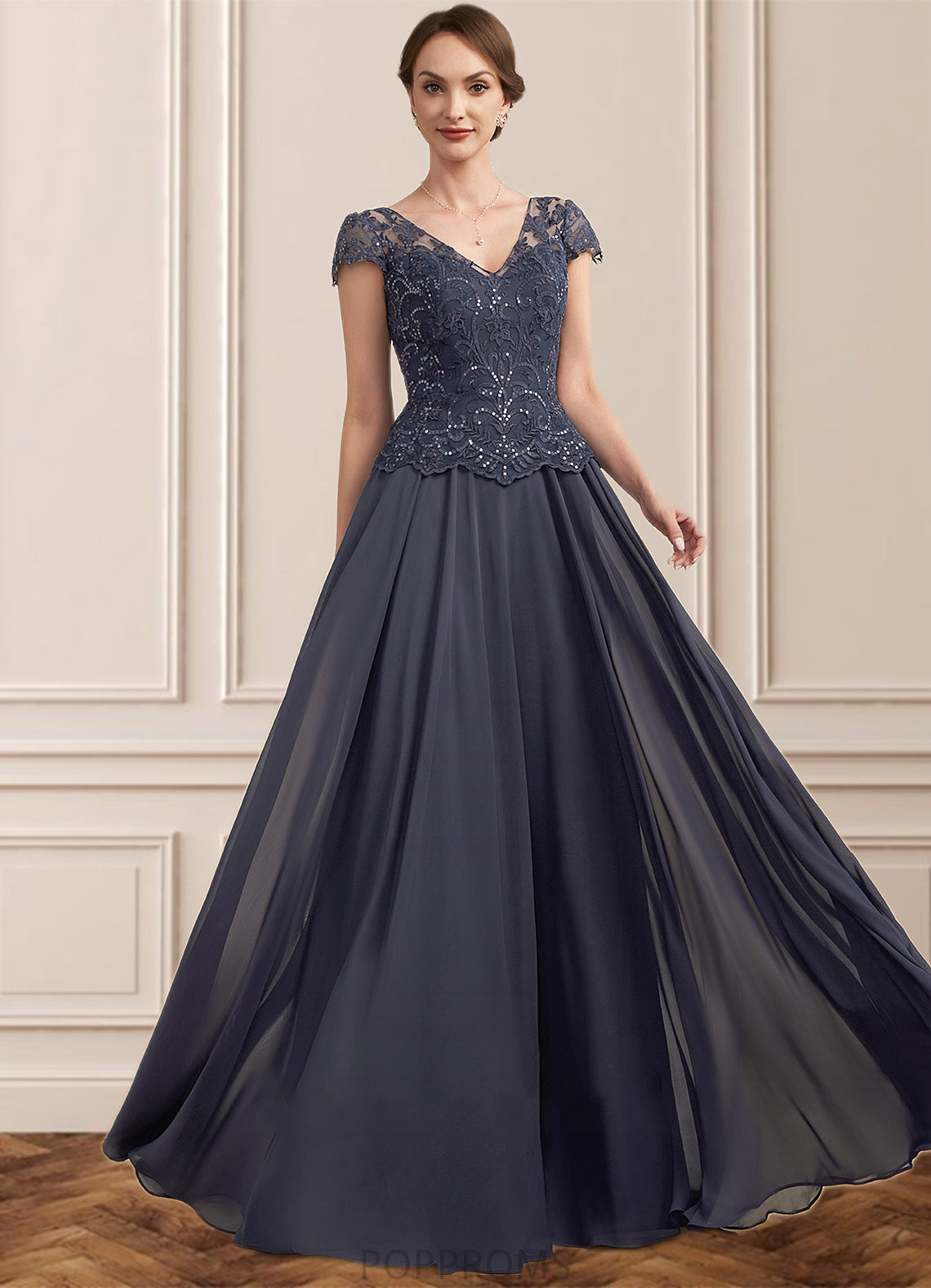 Yamilet A-Line V-neck Floor-Length Chiffon Lace Mother of the Bride Dress With Sequins PP6126P0014901