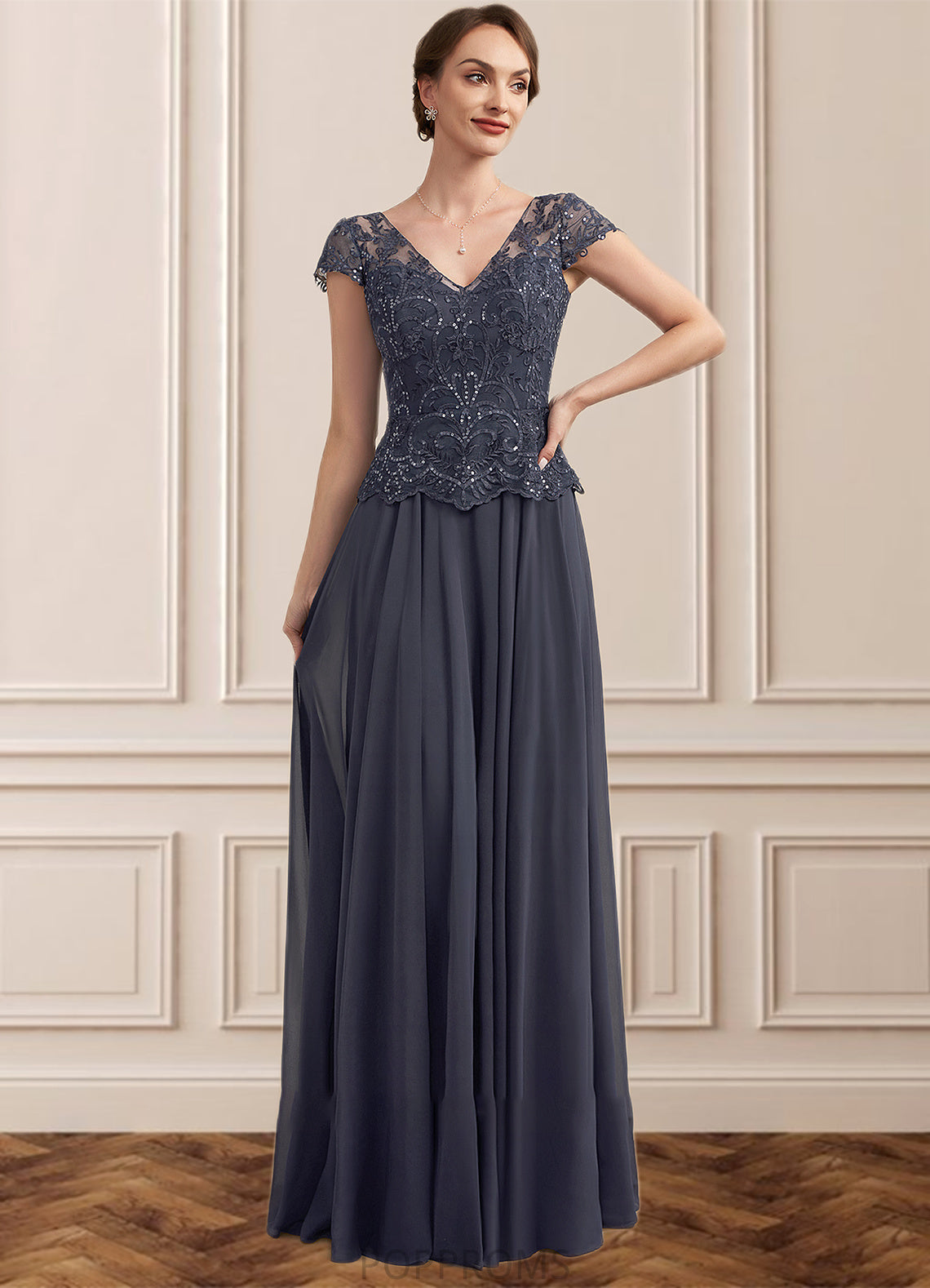 Yamilet A-Line V-neck Floor-Length Chiffon Lace Mother of the Bride Dress With Sequins PP6126P0014901