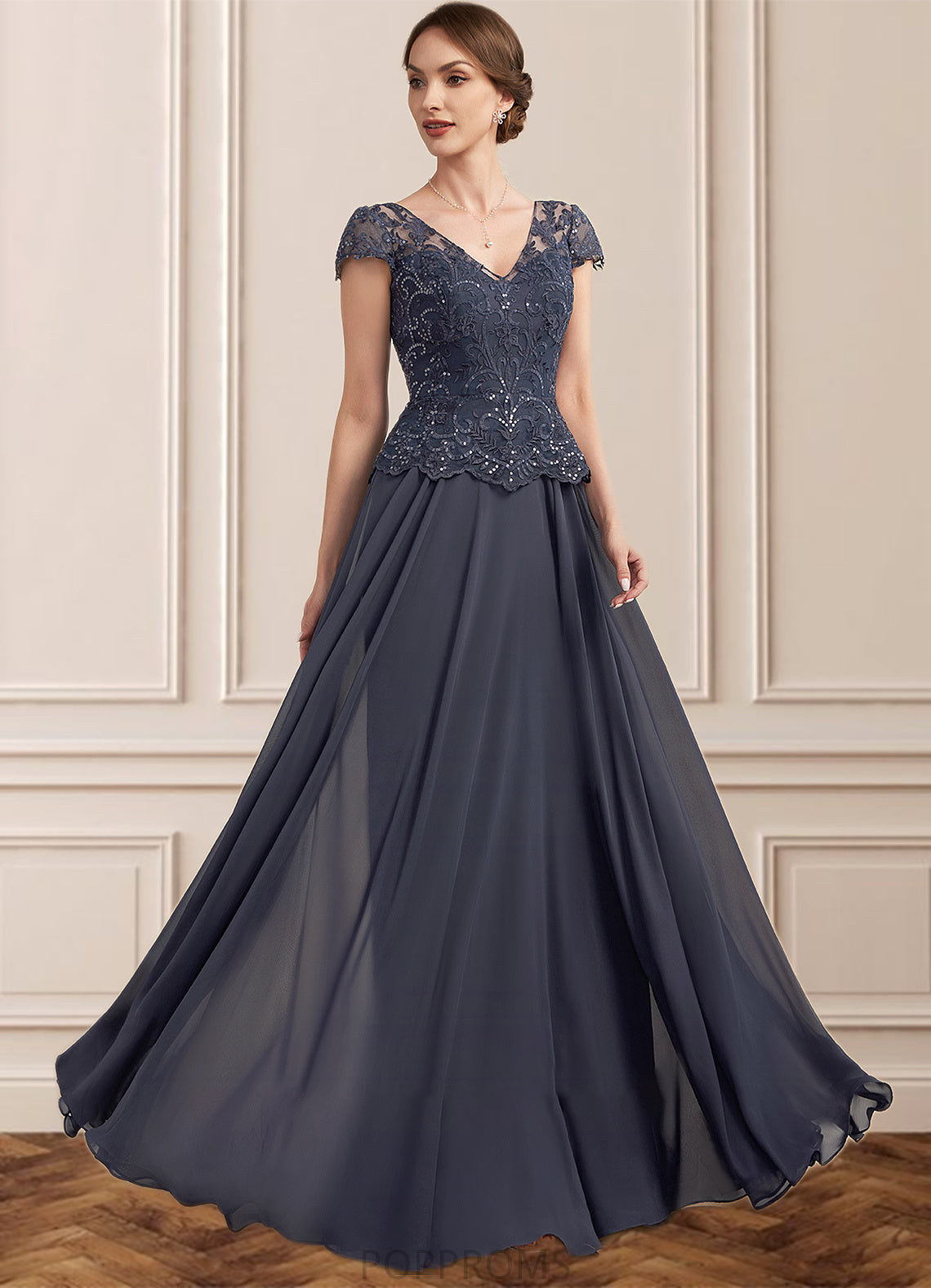 Yamilet A-Line V-neck Floor-Length Chiffon Lace Mother of the Bride Dress With Sequins PP6126P0014901