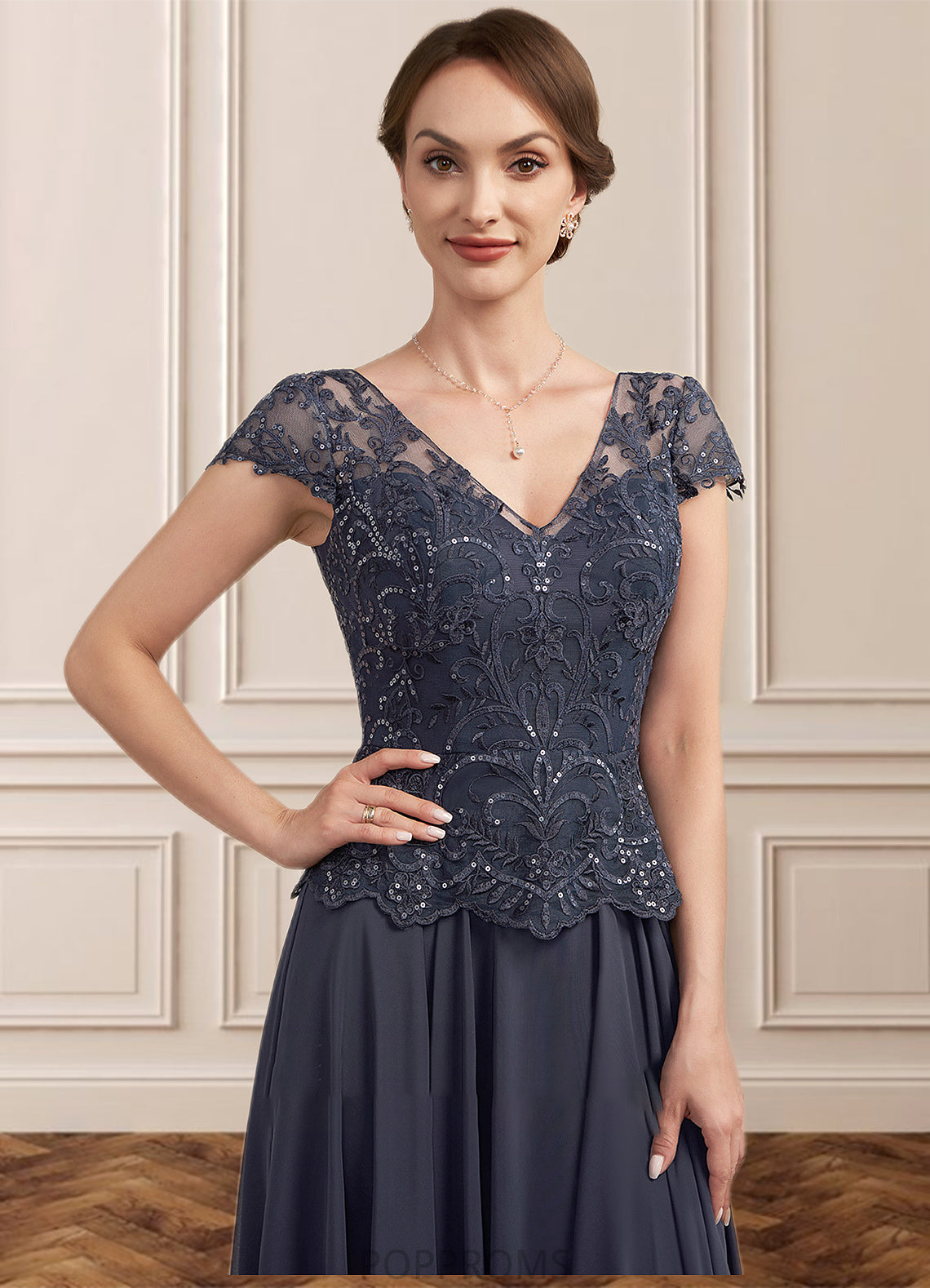 Yamilet A-Line V-neck Floor-Length Chiffon Lace Mother of the Bride Dress With Sequins PP6126P0014901