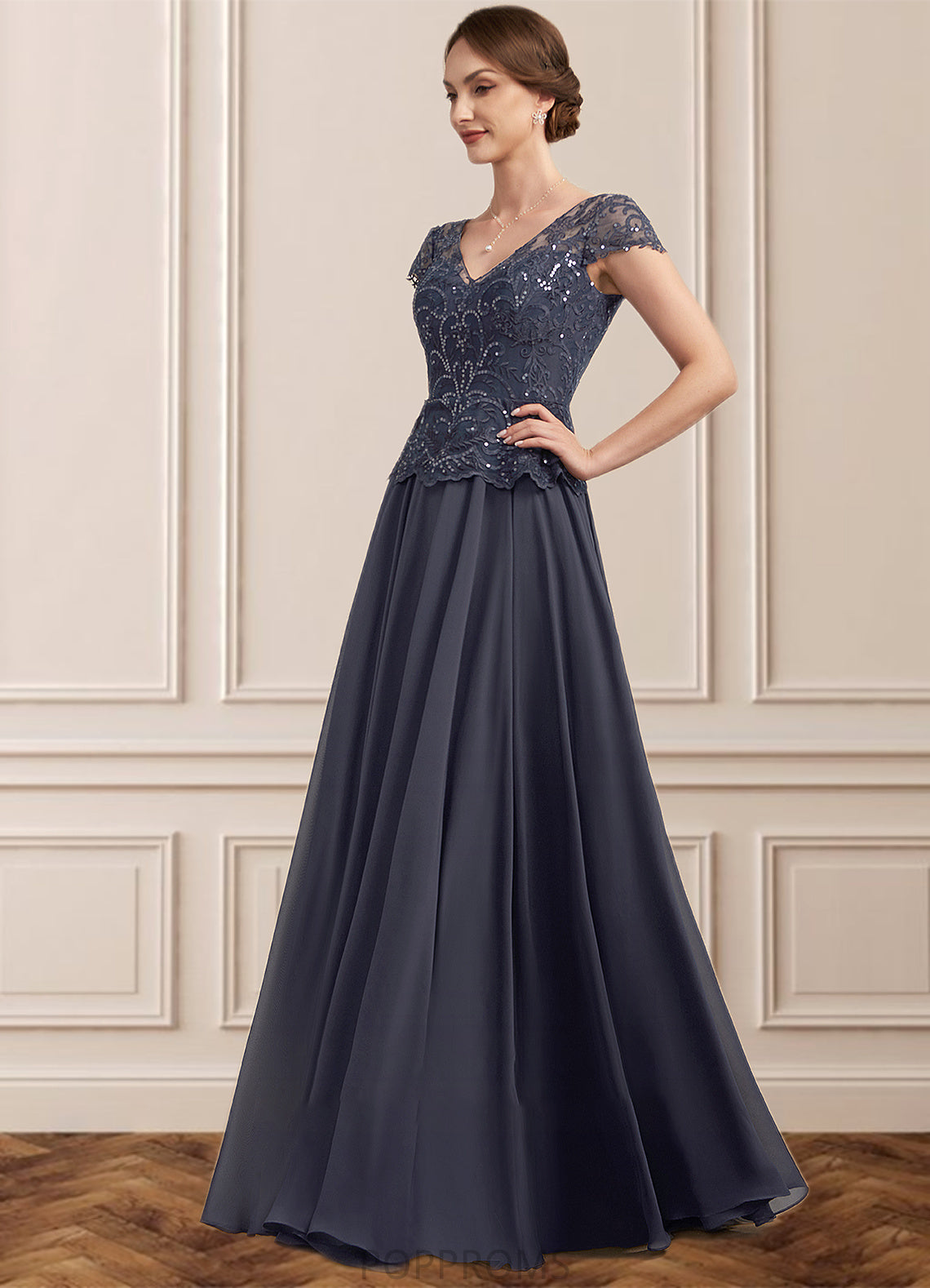 Yamilet A-Line V-neck Floor-Length Chiffon Lace Mother of the Bride Dress With Sequins PP6126P0014901