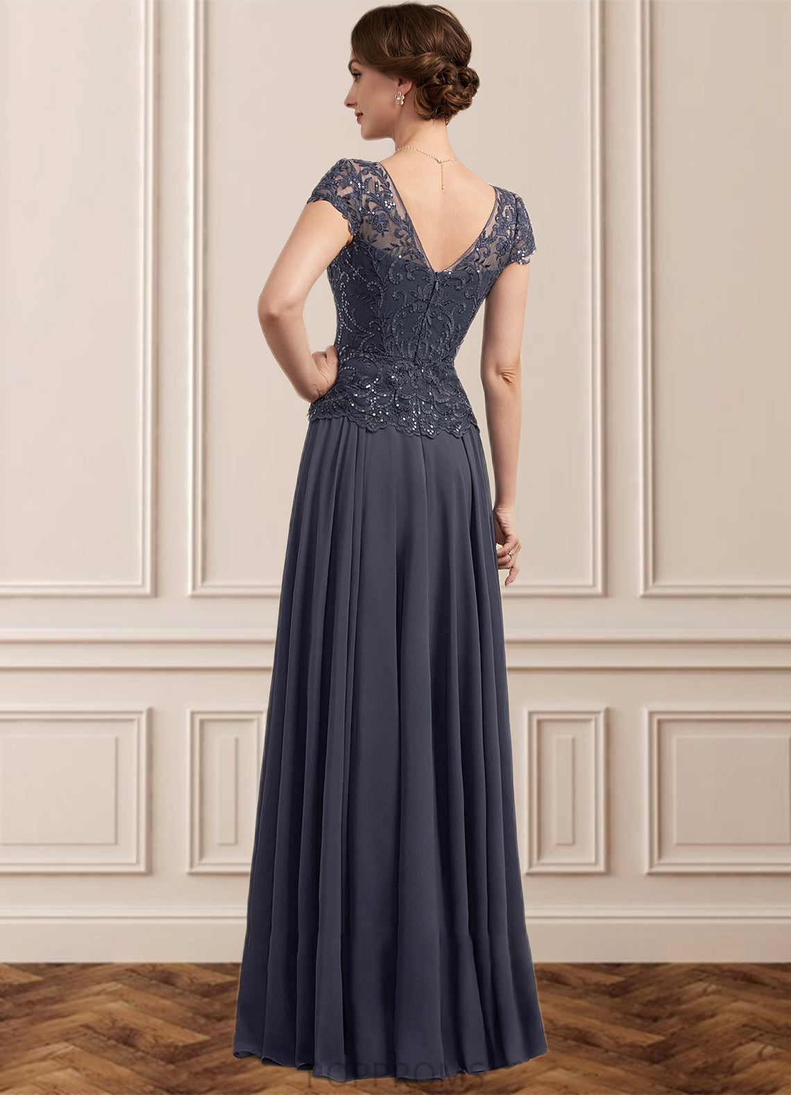 Yamilet A-Line V-neck Floor-Length Chiffon Lace Mother of the Bride Dress With Sequins PP6126P0014901