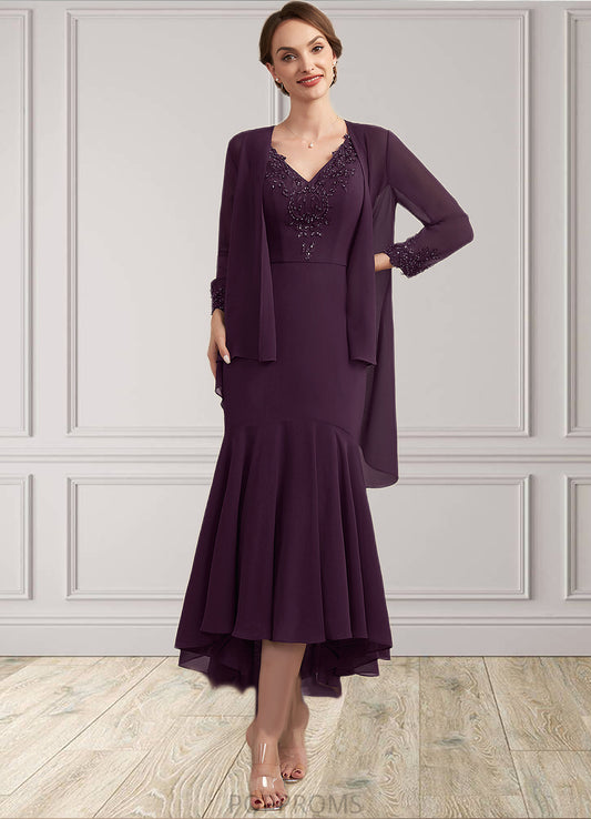 Rowan Trumpet/Mermaid V-neck Asymmetrical Chiffon Mother of the Bride Dress With Lace Beading Sequins PP6126P0014902