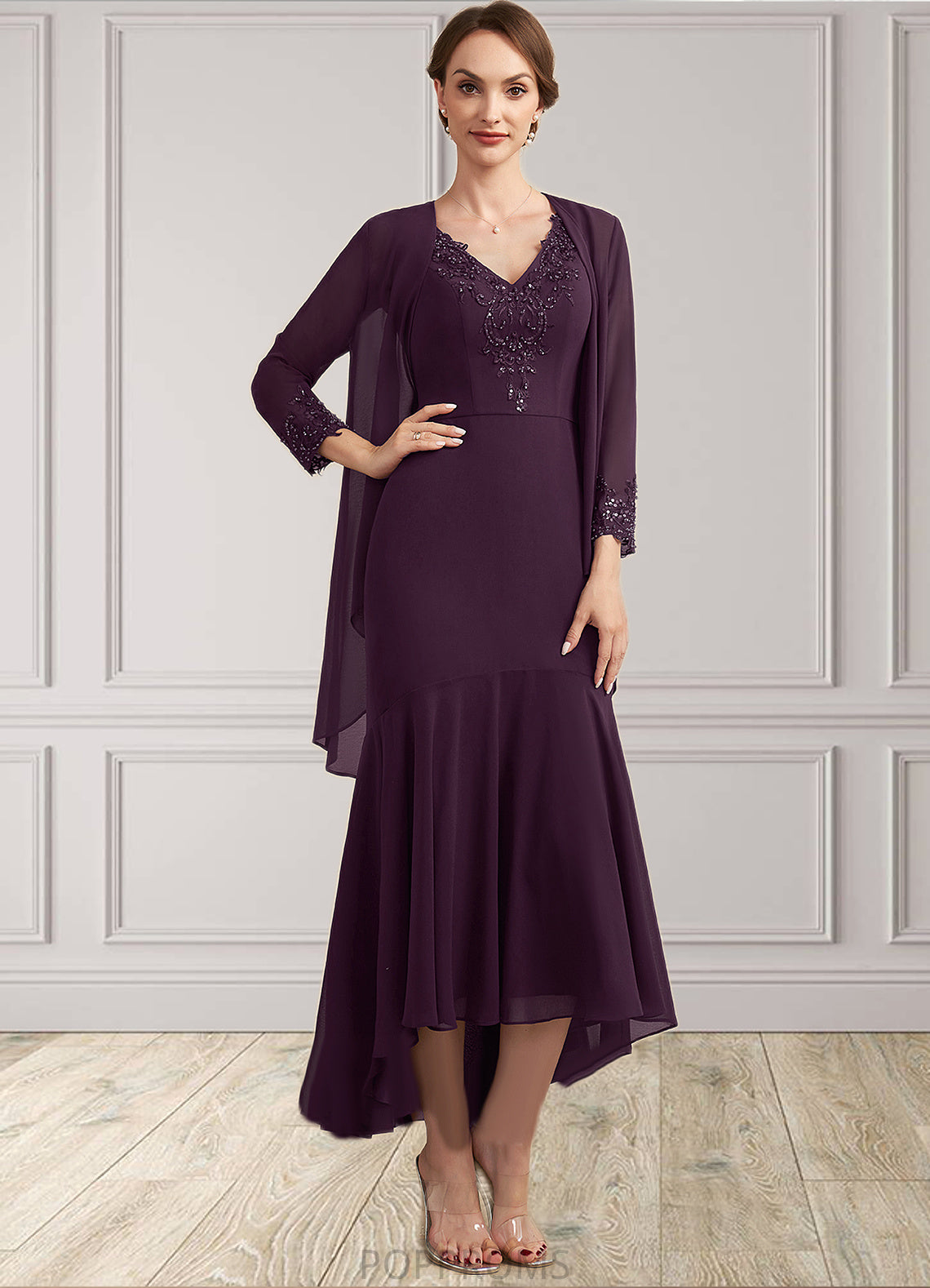 Rowan Trumpet/Mermaid V-neck Asymmetrical Chiffon Mother of the Bride Dress With Lace Beading Sequins PP6126P0014902