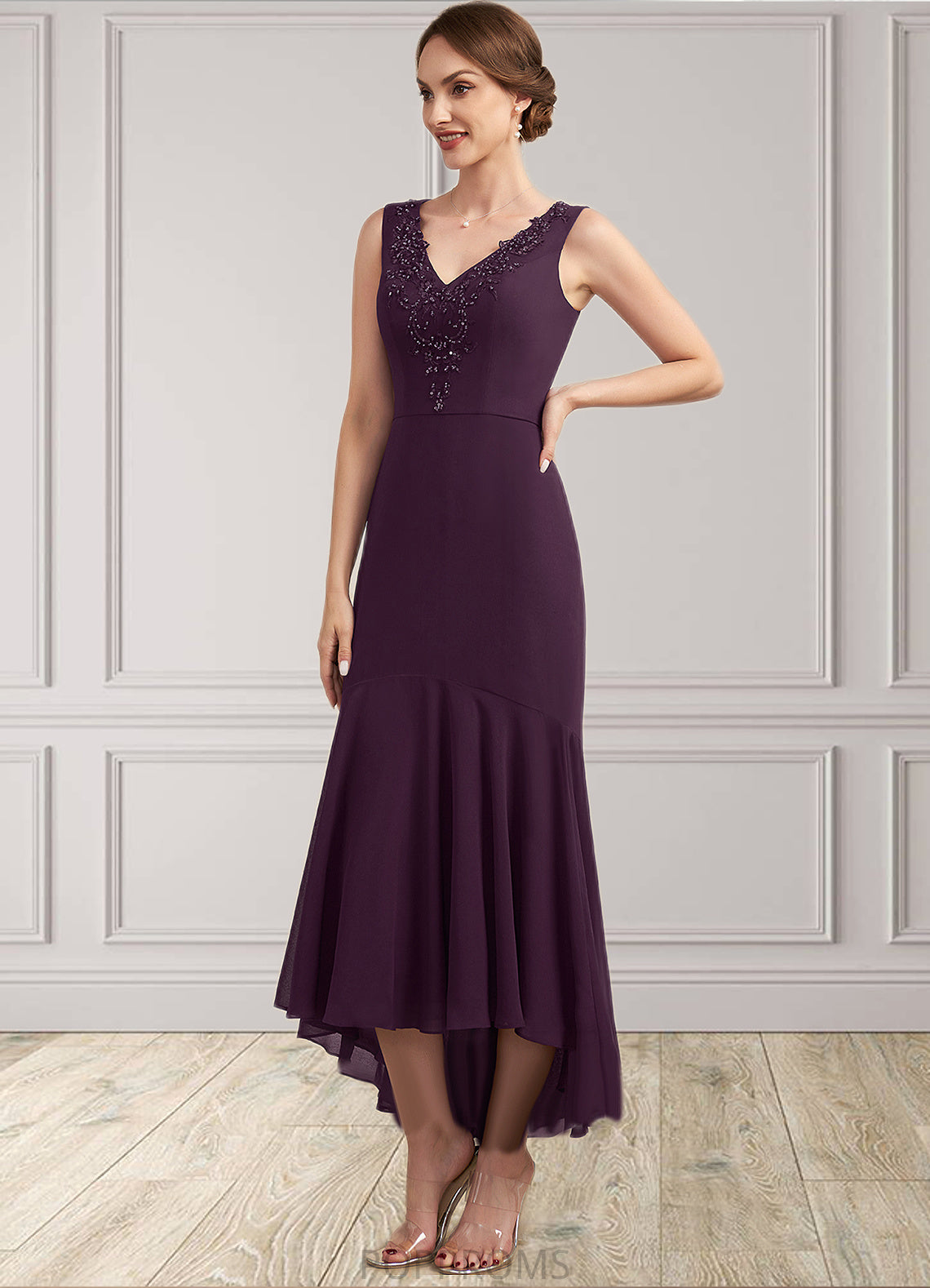 Rowan Trumpet/Mermaid V-neck Asymmetrical Chiffon Mother of the Bride Dress With Lace Beading Sequins PP6126P0014902