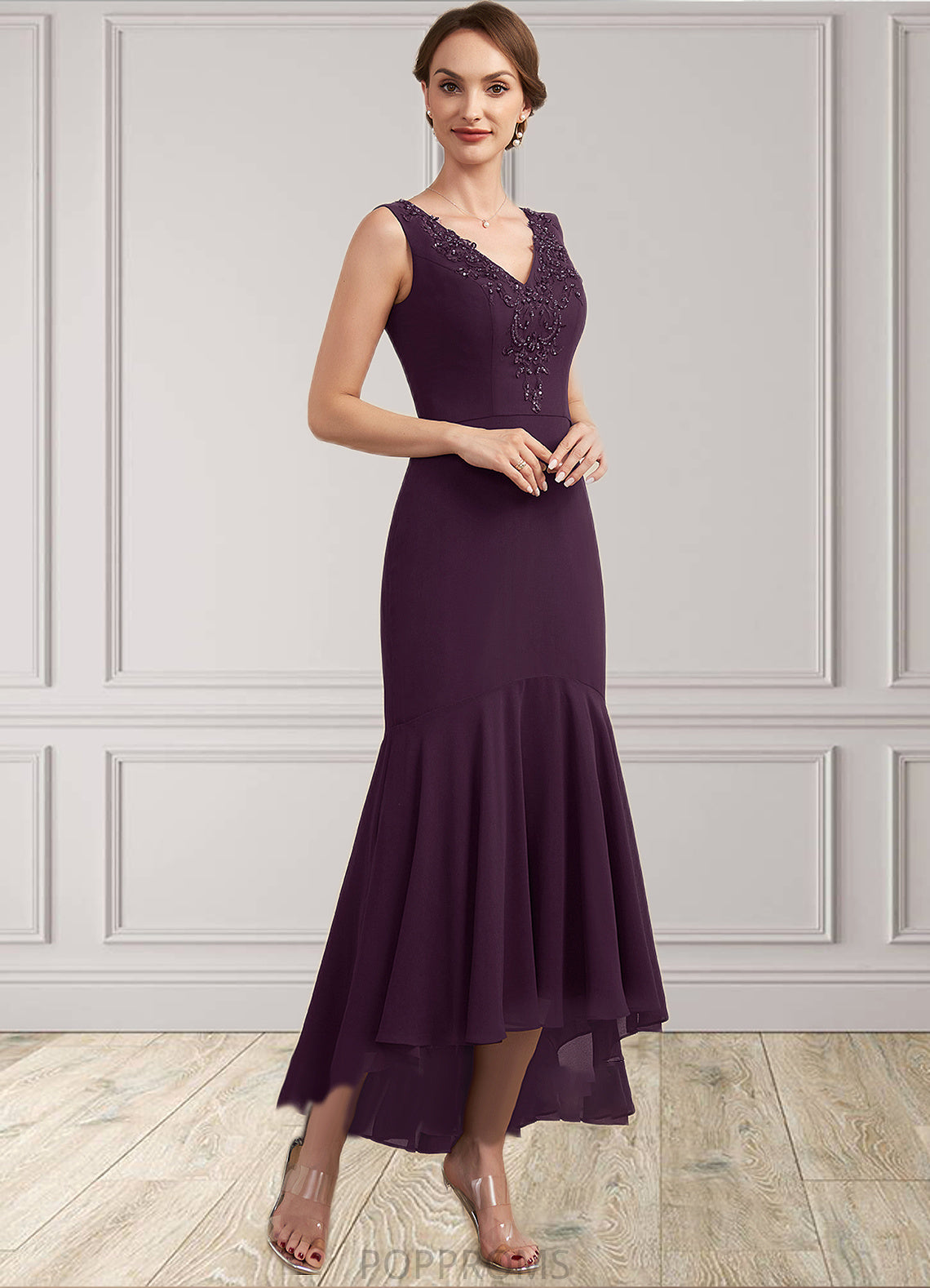 Rowan Trumpet/Mermaid V-neck Asymmetrical Chiffon Mother of the Bride Dress With Lace Beading Sequins PP6126P0014902