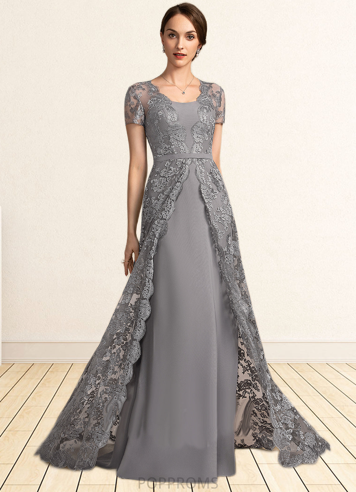 Genesis A-Line Square Neckline Sweep Train Chiffon Lace Mother of the Bride Dress PP6126P0014903