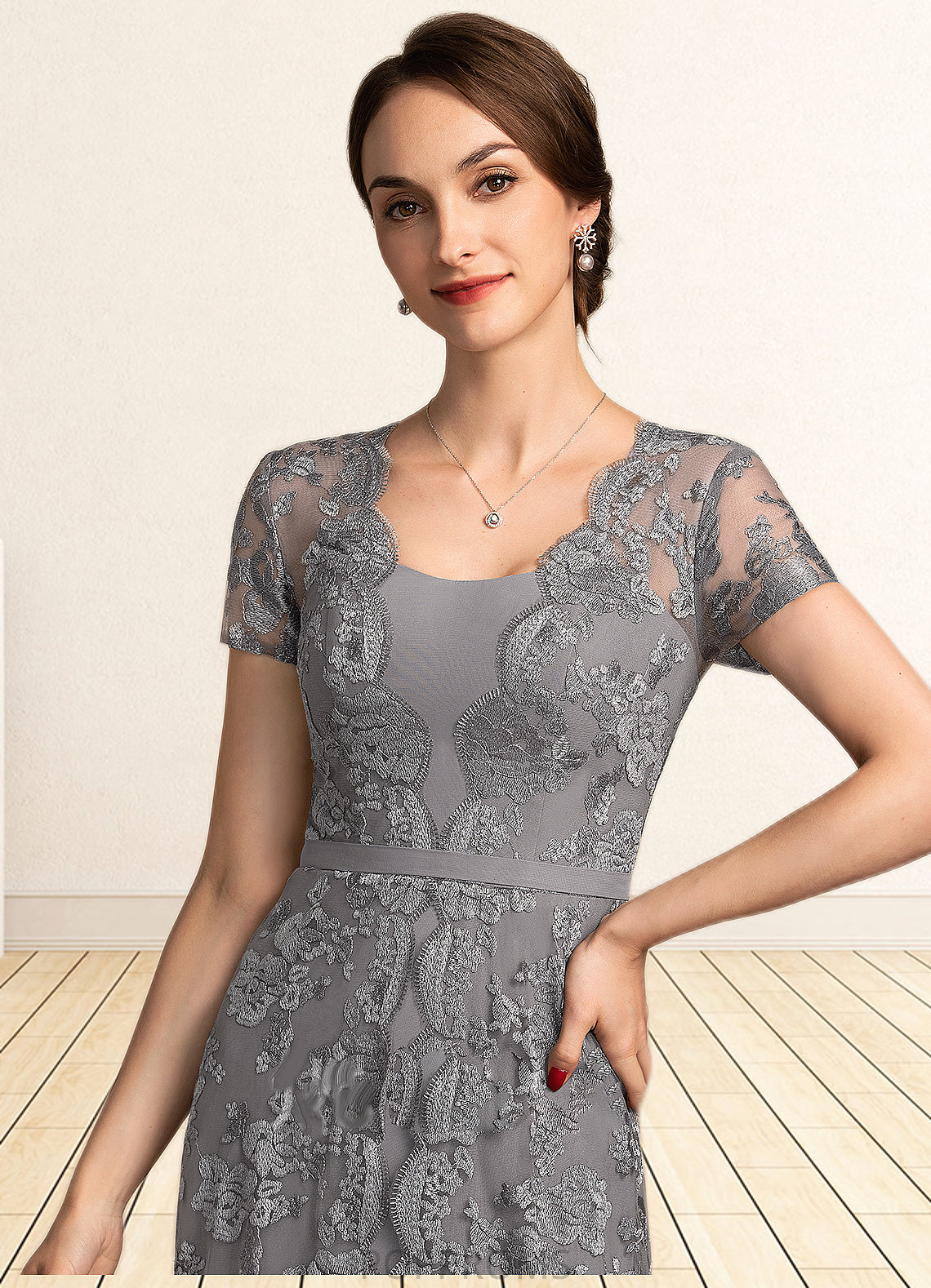 Genesis A-Line Square Neckline Sweep Train Chiffon Lace Mother of the Bride Dress PP6126P0014903