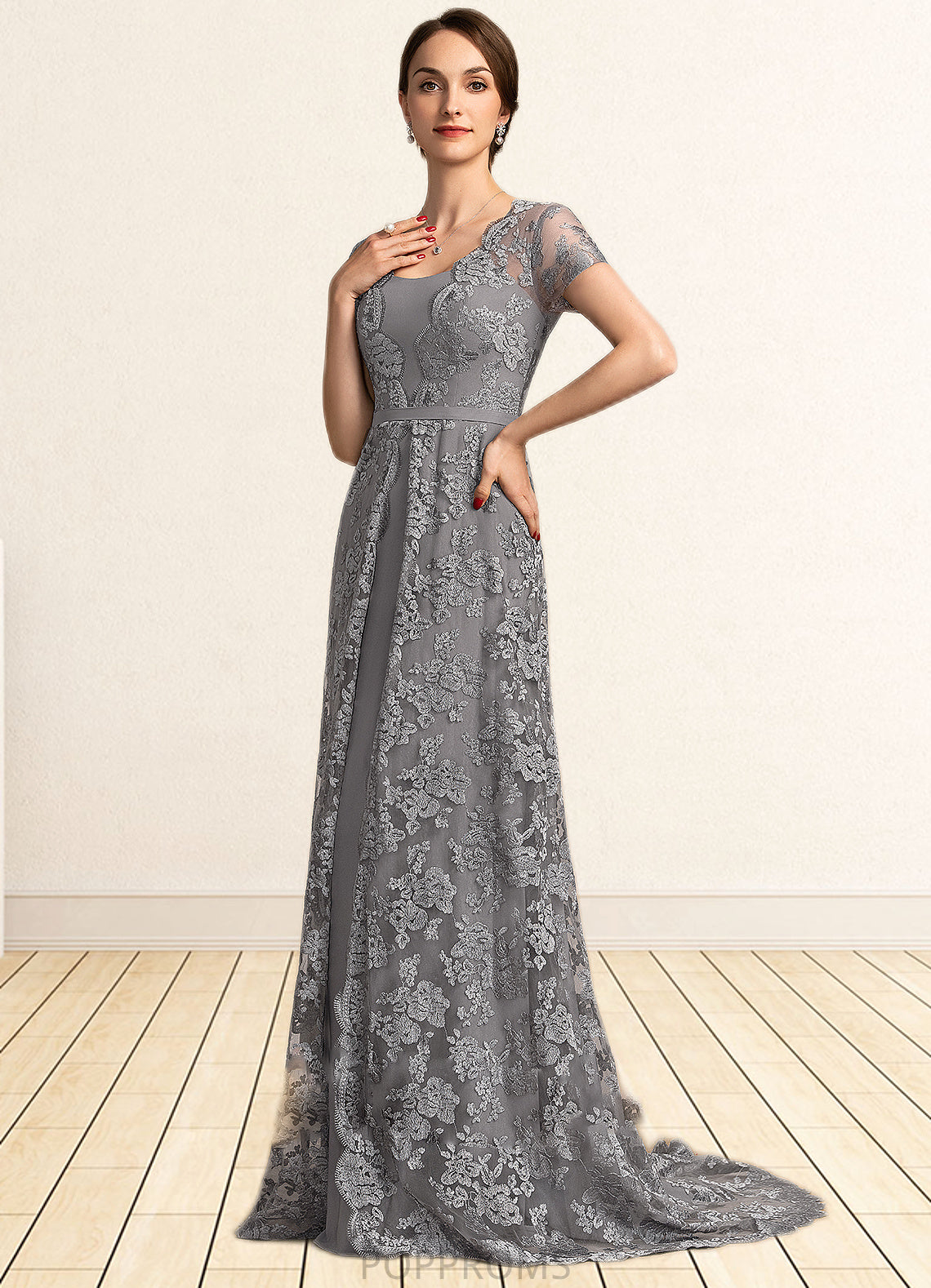 Genesis A-Line Square Neckline Sweep Train Chiffon Lace Mother of the Bride Dress PP6126P0014903