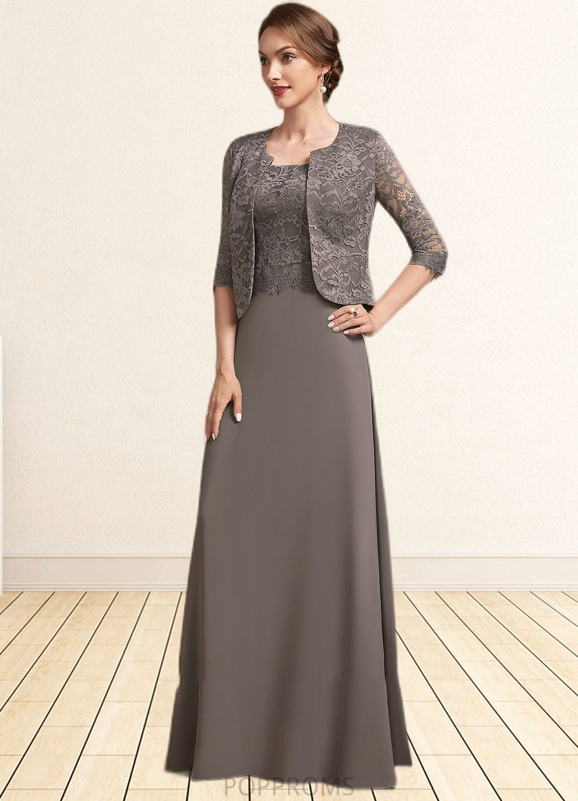 Joyce A-Line Square Neckline Floor-Length Chiffon Lace Mother of the Bride Dress PP6126P0014904