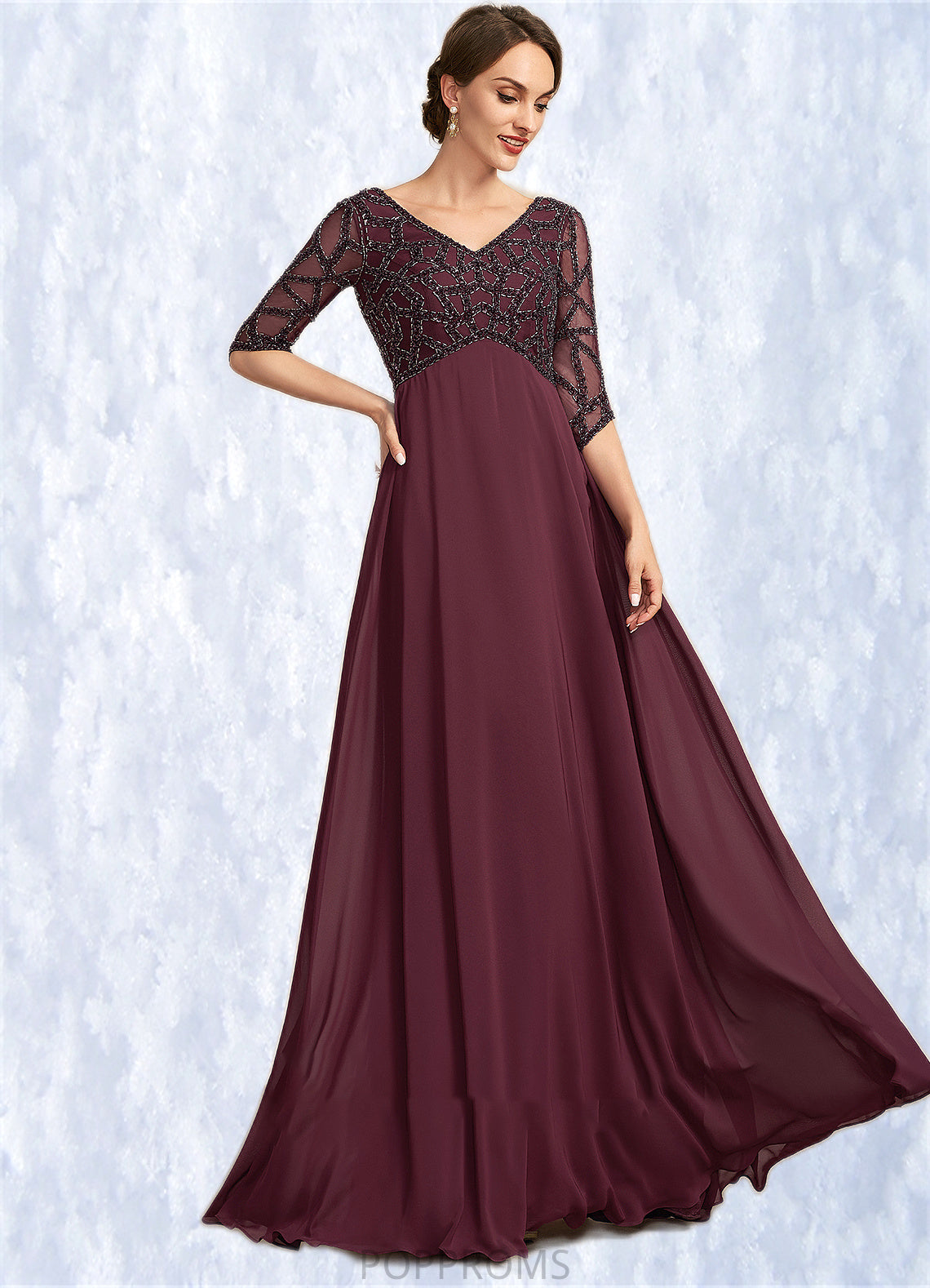 Evangeline Empire V-neck Floor-Length Chiffon Mother of the Bride Dress With Beading PP6126P0014906