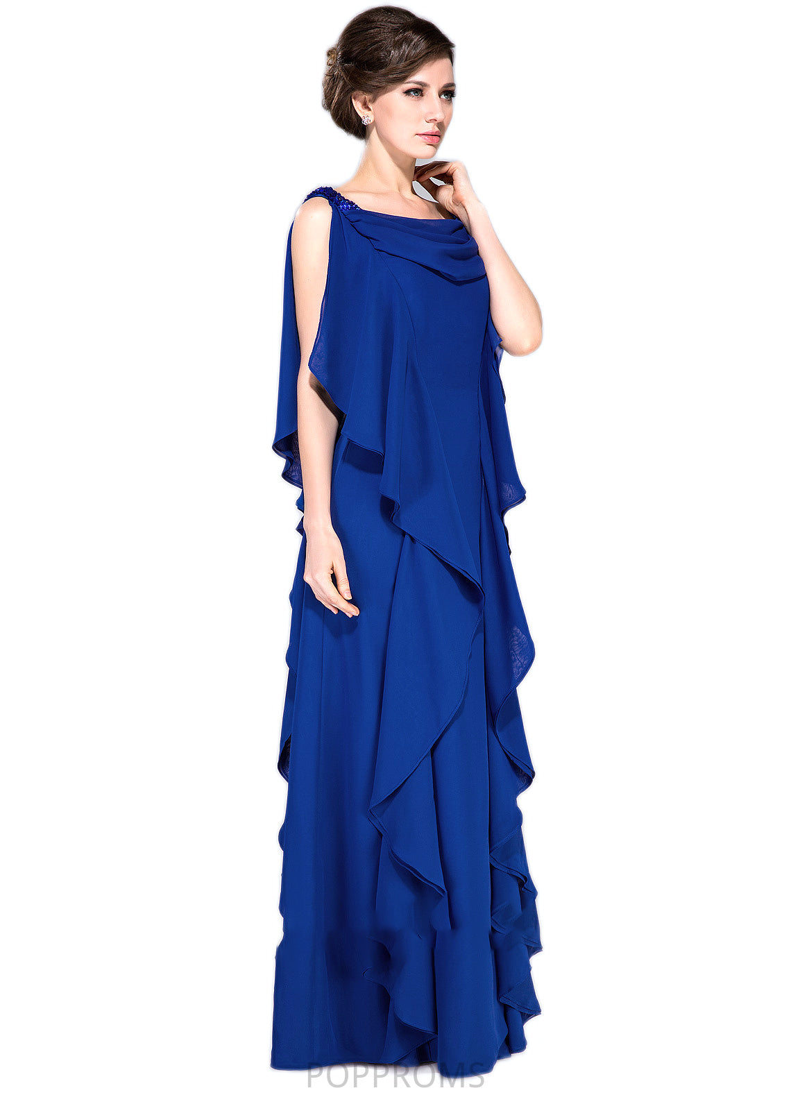 Helen A-Line Cowl Neck Floor-Length Chiffon Mother of the Bride Dress With Beading Sequins Cascading Ruffles PP6126P0014907