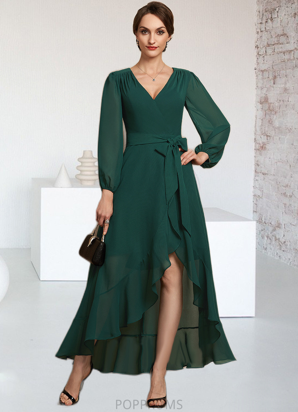 Belinda A-Line V-neck Asymmetrical Chiffon Mother of the Bride Dress With Bow(s) Cascading Ruffles PP6126P0014909