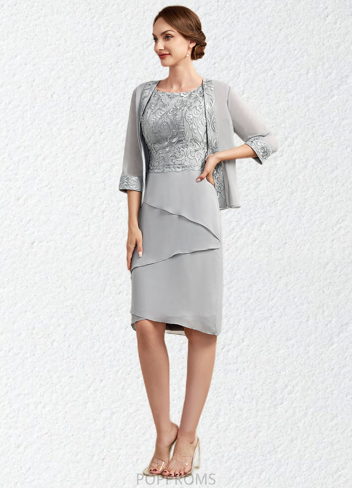 Sienna Sheath/Column Scoop Neck Asymmetrical Chiffon Lace Mother of the Bride Dress With Cascading Ruffles PP6126P0014912