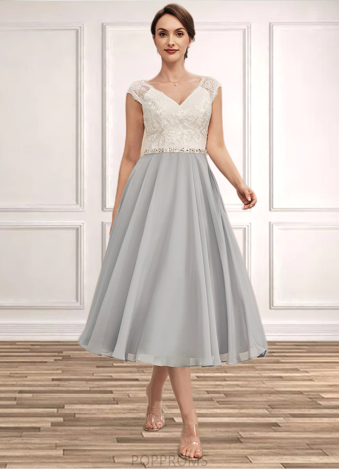 Nora A-Line V-neck Tea-Length Chiffon Lace Mother of the Bride Dress With Beading PP6126P0014919