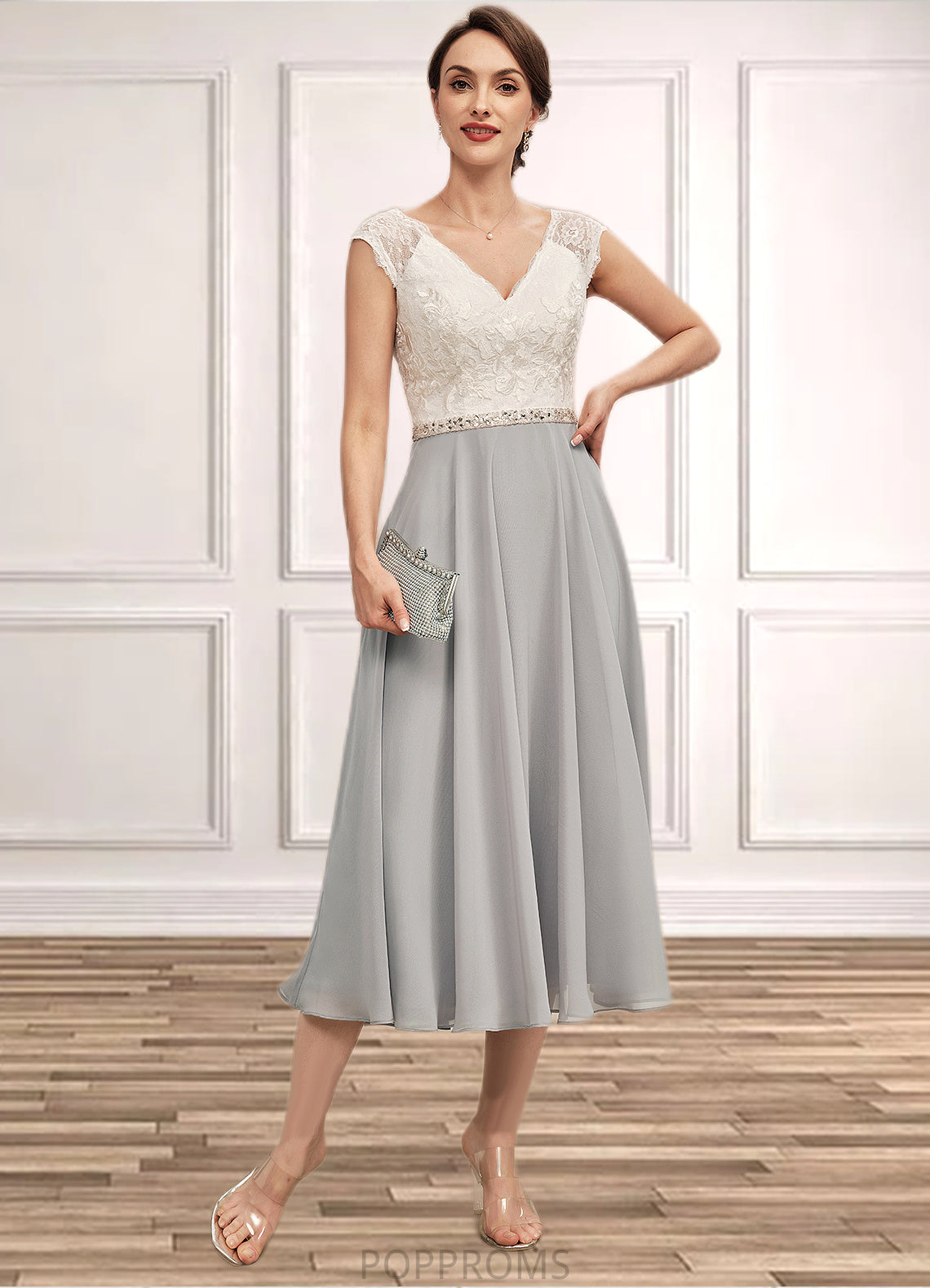 Nora A-Line V-neck Tea-Length Chiffon Lace Mother of the Bride Dress With Beading PP6126P0014919