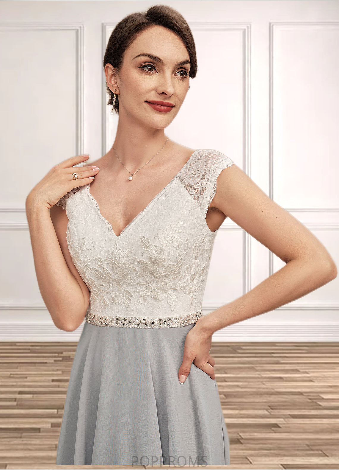 Nora A-Line V-neck Tea-Length Chiffon Lace Mother of the Bride Dress With Beading PP6126P0014919