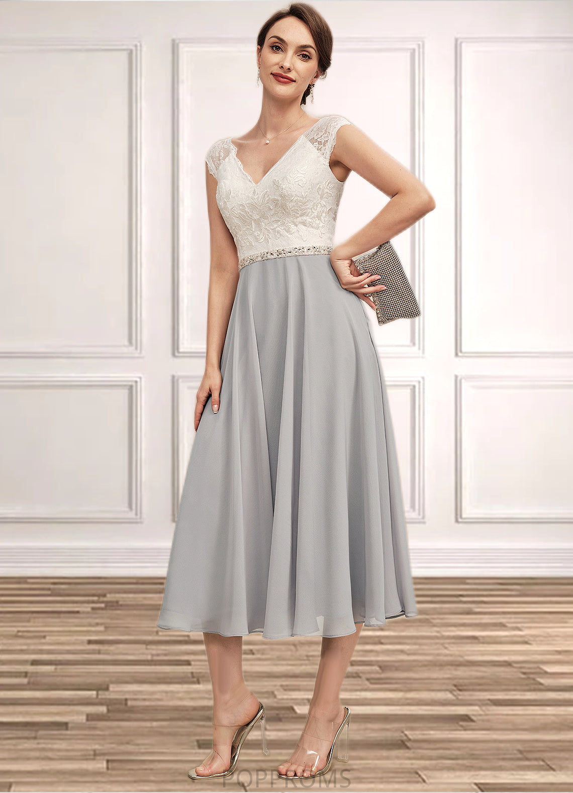 Nora A-Line V-neck Tea-Length Chiffon Lace Mother of the Bride Dress With Beading PP6126P0014919