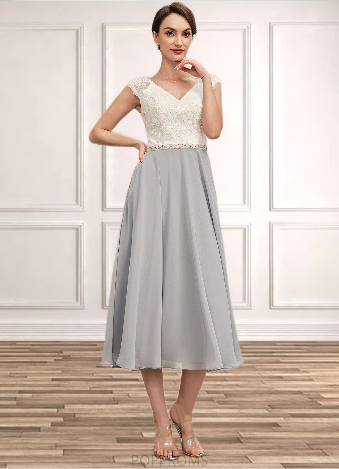 Nora A-Line V-neck Tea-Length Chiffon Lace Mother of the Bride Dress With Beading PP6126P0014919