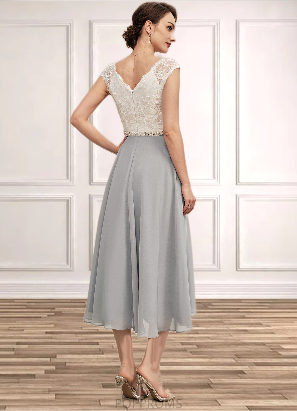 Nora A-Line V-neck Tea-Length Chiffon Lace Mother of the Bride Dress With Beading PP6126P0014919